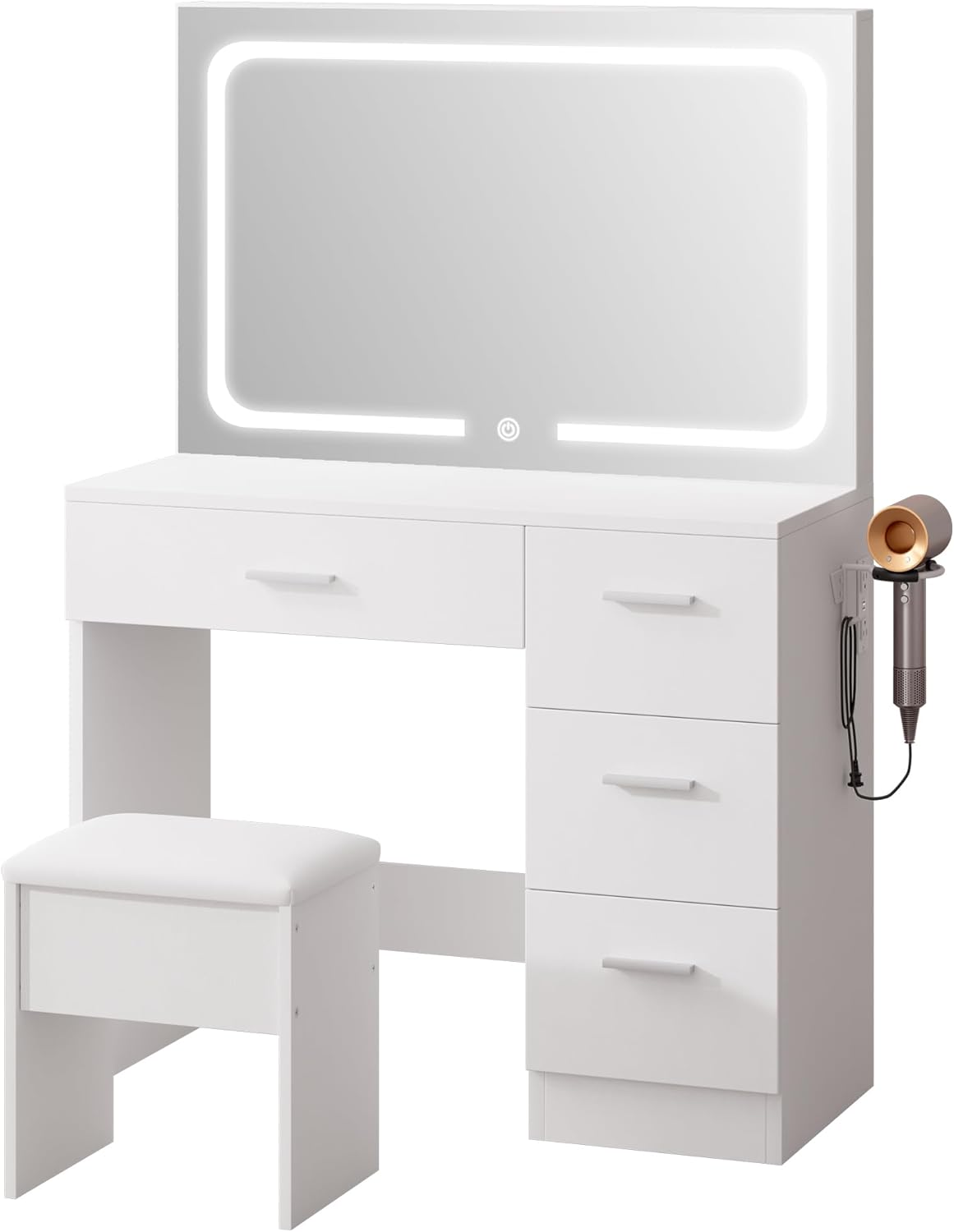 LIVELYGLOW Makeup Vanity Desk with Charging Station & LED Mirror – 35.4" Vanity Set with 4 Drawers, 3 Lighting Modes – Modern Bedroom Furniture (15.7" D x 35.4" W x 53.9" H), White