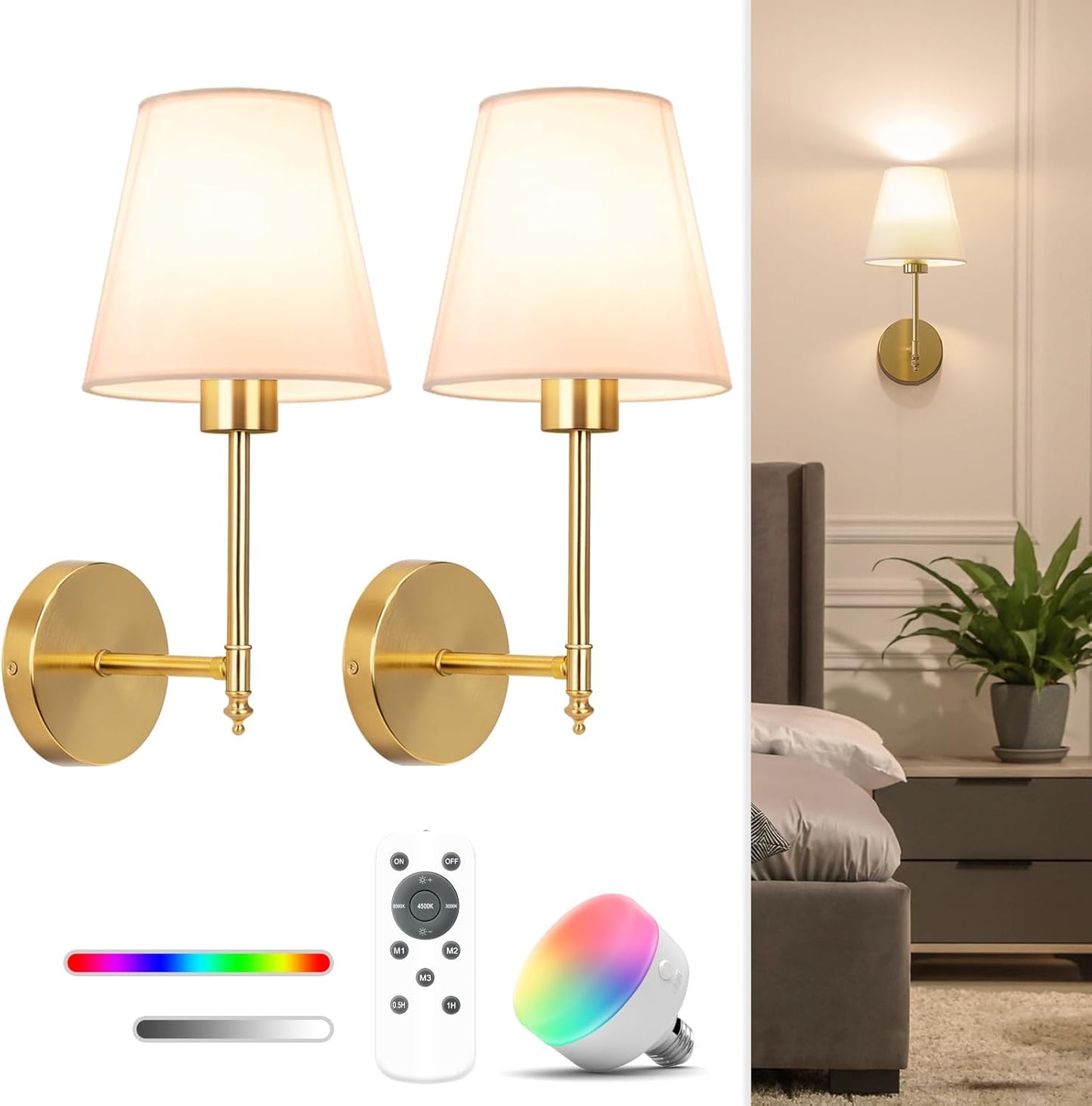 NIORSUN Battery Operated Wall Sconce Set of 2,Black-Gold Rechargeable Wall Lights with 10400mAh Dimmable Bulbs and Remote,10 Colors Wireless Wall Lamps for Bedroom Living Room Hallway Decor