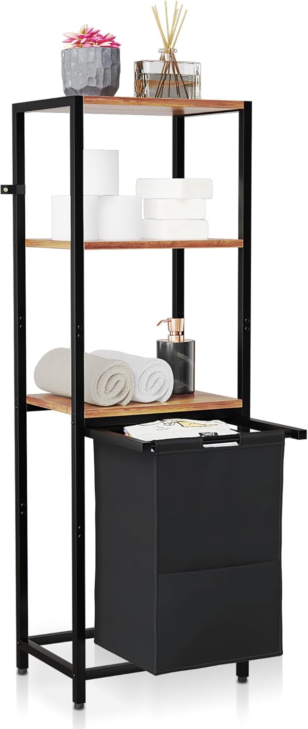 Tilt-Out Laundry Hamper with Shelf – 3 Tier Laundry Organizer with Waterproof Fabric Bin | Freestanding Storage Cabinet with Hooks for Bathroom & Bedroom