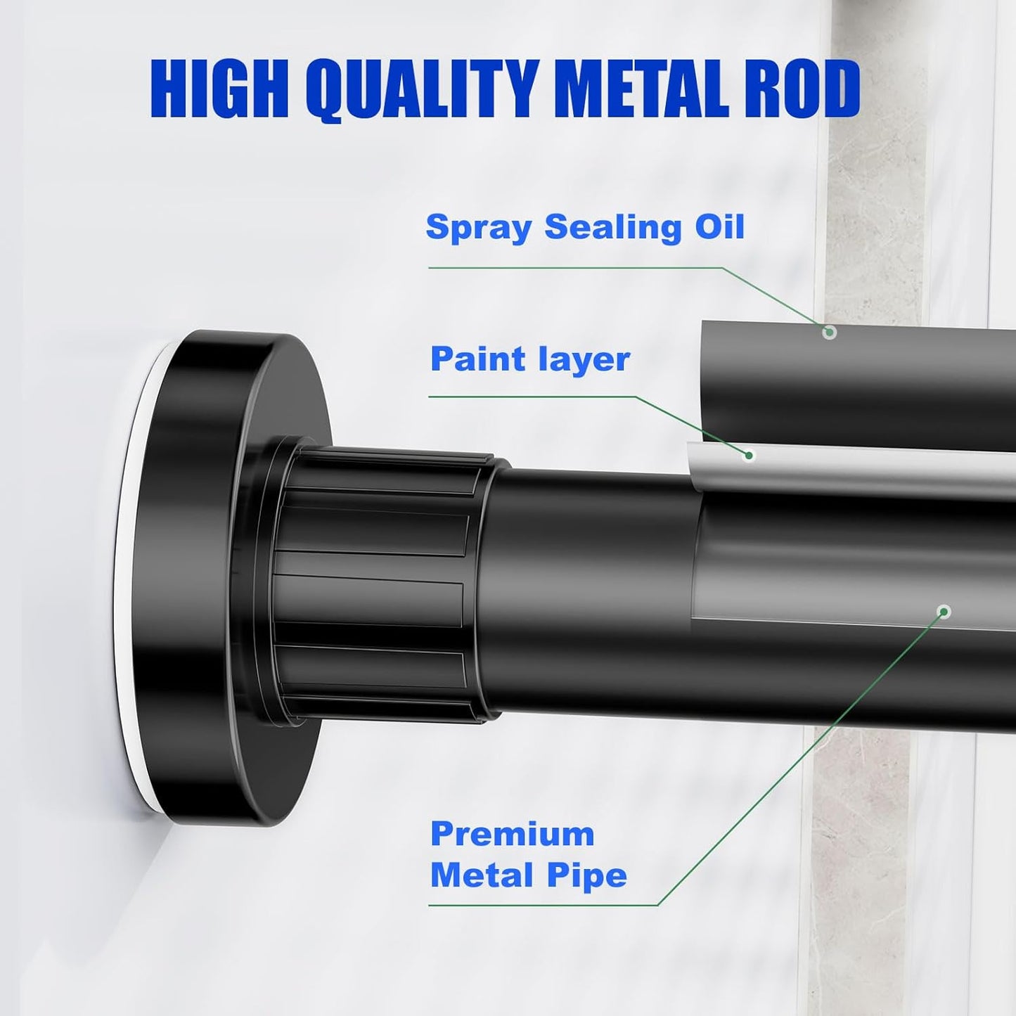 Ausemku Shower Curtain Rod 32-80 Inch Adjustable - Heavy Duty No drill Spring Tension Shower Rod, Non-Slip Rustproof Telescopic Rod for Bathroom, Black