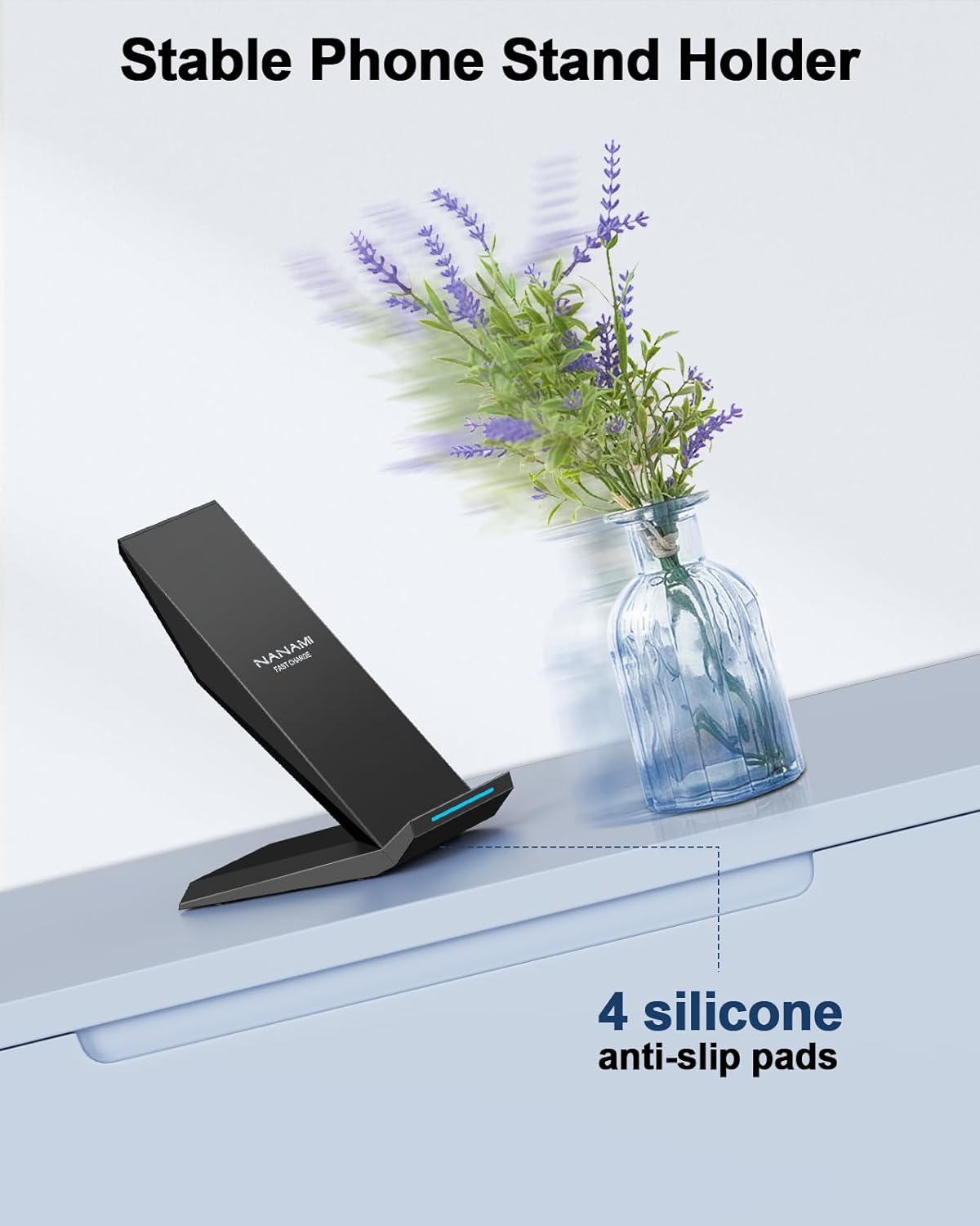 Fast Wireless Charger, NANAMI Wireless Charging Stand Compatible iPhone 17/17 Air/16/15/15 Pro/15 Plus/15 Pro Max/14/13, Nightstand Phone Charger Dock for Samsung Galaxy S26/S26+/S25/S24/S23/S22