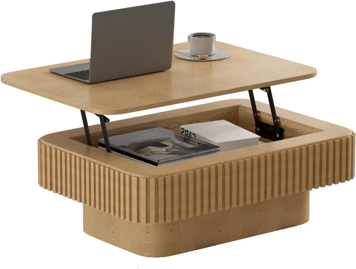 Lift Top Coffee Table for Living Room,Rectangle Handmade Solid Wood Strips, Fluted Coffee Table with Hidden Storage Compartment Small Space Office Apartment (38.6" L×26.8''W×13.8''H-Natural)