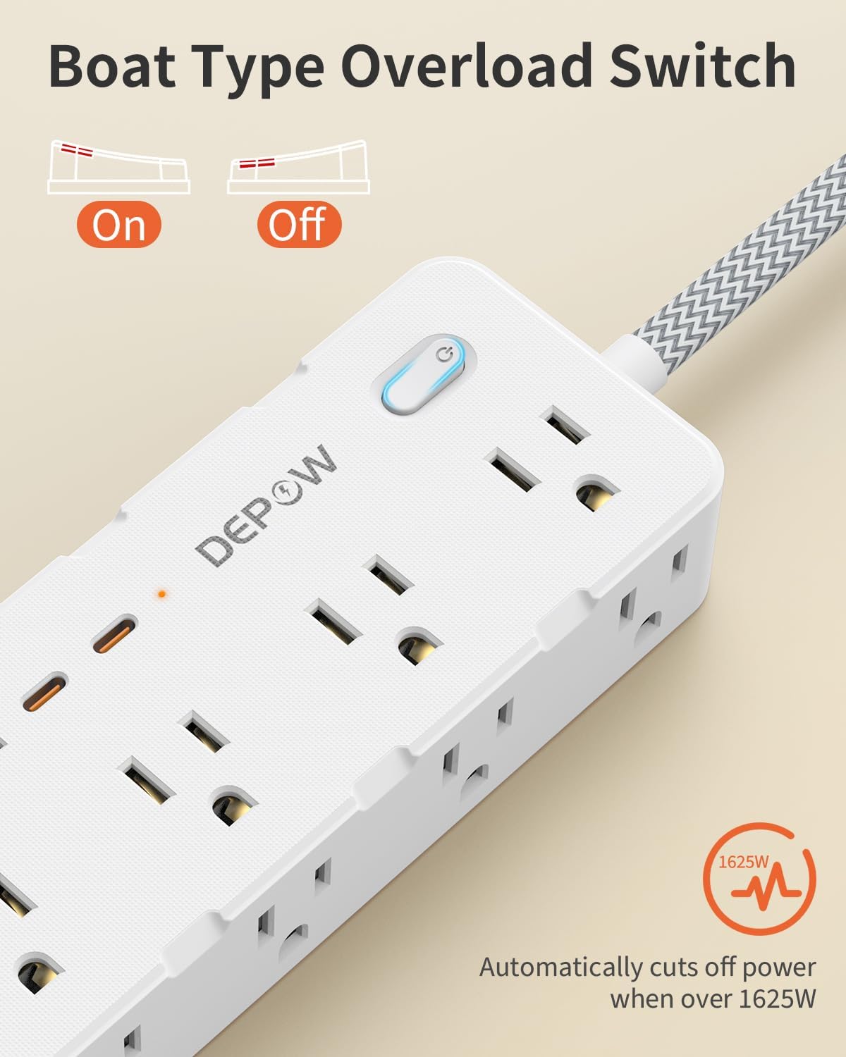 DEPOW Power Strip Surge Protector, 5FT Braided Extension Cord with Multiple Outlets-8 AC Outlets 4 USB Ports (2 USB C), Flag Plug Charging Station, 1700 Joule Surge Protection for Home Office, White