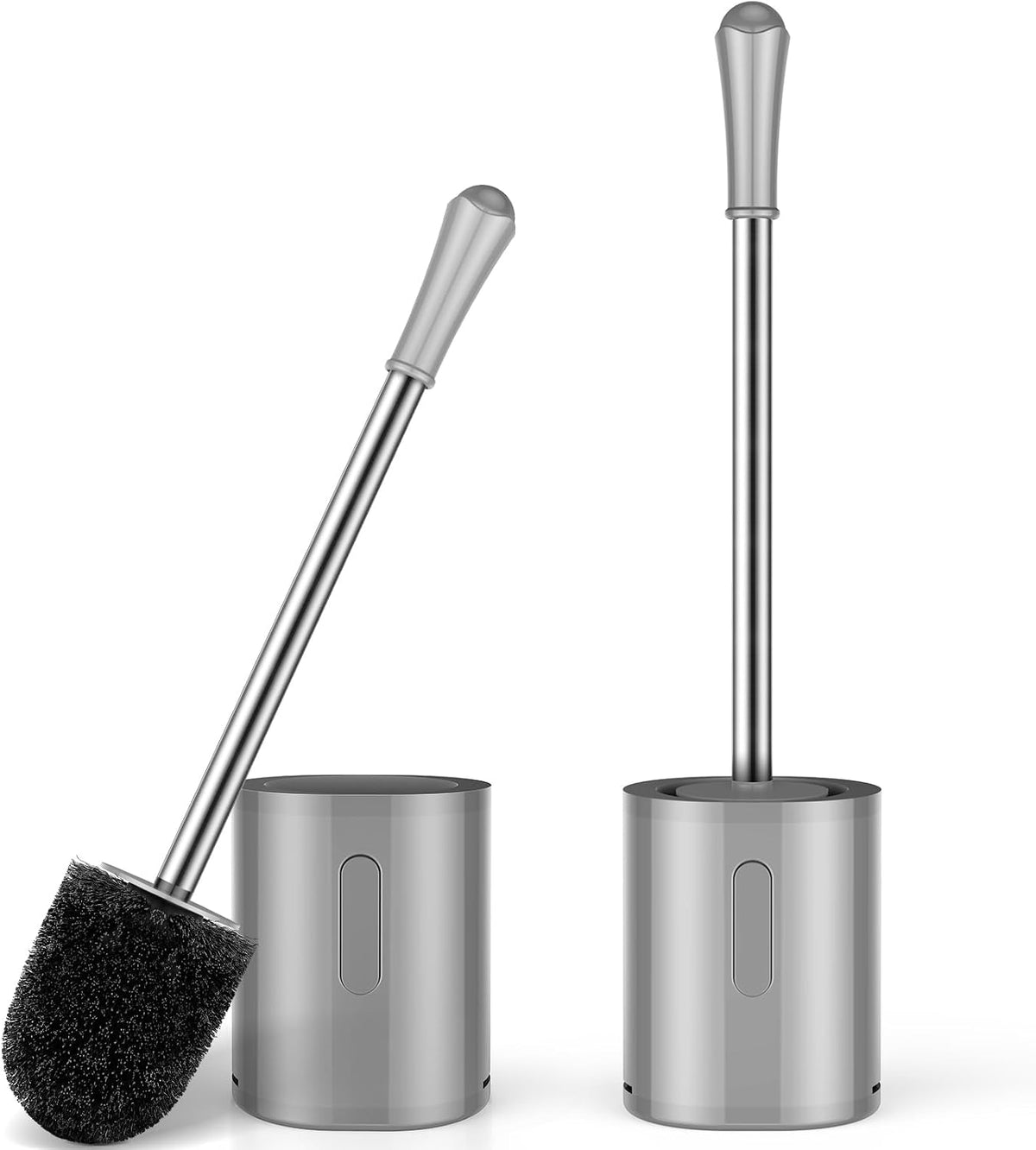 Toilet Brush and Holder Set, 2 Pack with Stainless Steel Handle Toilet Bowl Brush, Compact Toilet Scrubber Brush for Deep Cleaning Bathroom Restroom, Easy to Assemble-Grey