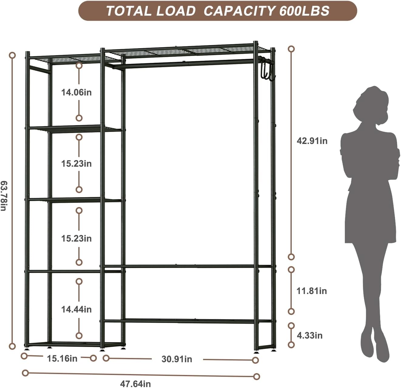 Neprock Wardrobe Closet, Portable Clothing Rack for Hanging Clothes, Free Standing Closet Organizers and Storage System with 4 Tiers Shelves for Cloakroom Bedroom, Black