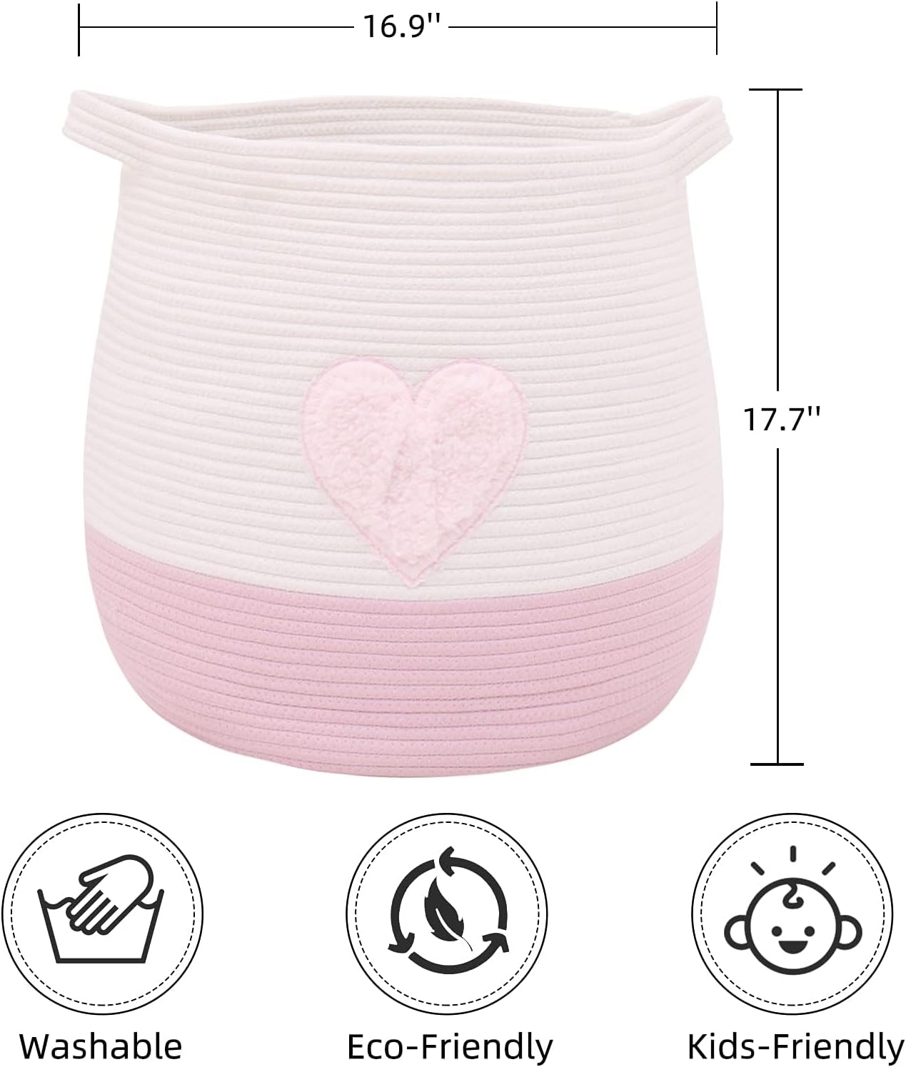 Large Cotton Rope Basket, Woven Storage Basket for Toy, Laundry and Blanket Organizer Basket, Round Hamper Basket with Handles for Kid's Room 17.7"x16.9" (Pink Heart)