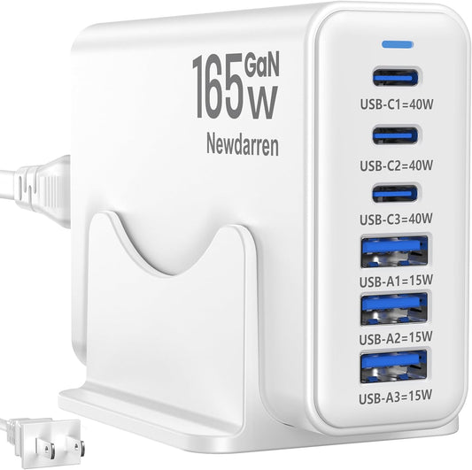 165W GaN USB C Charging Station, 6-Port Desktop Charger with PD 40W USB-C Fast Charging, Multiport Charging Hub for MacBook, iPhone 17/16/15, iPad, Samsung Galaxy, Tablets, Home Office White