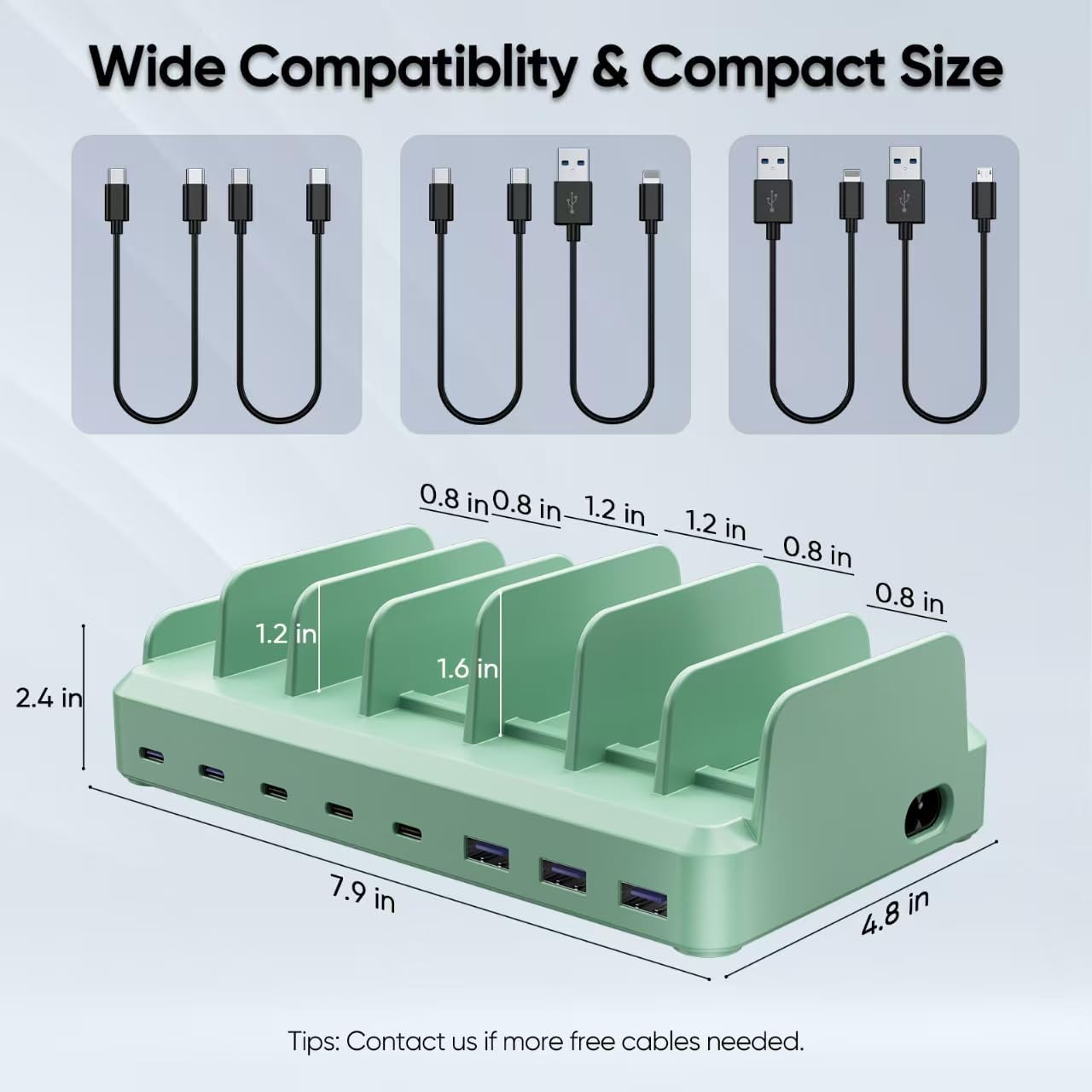300W Charging Station for Multiple Devices, 8 Port Multi USB C Fast Charger Station Dock for MacBook iPhone 16/15/14/13/12 Samsung Pixel Series iPad, Green (6 Mixed Short Cables Included)