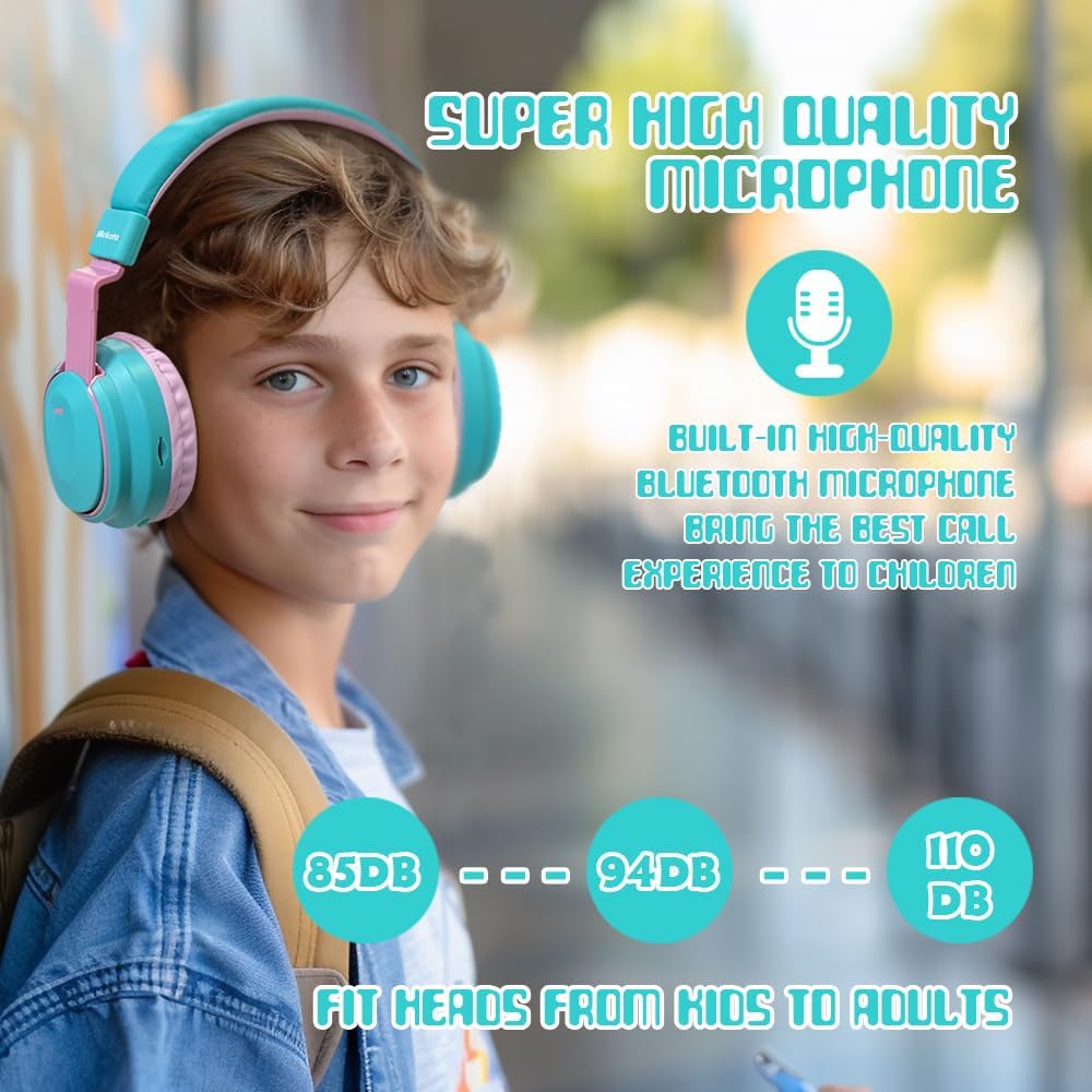 Mokata Kids Headphones Bluetooth 5.3 Wireless Lightweight Fast Charging 68 Hours Play Time Volume Limited 85/94dB Over Ear Foldable with Built-in Mic for Toddler Boy Girl Tablet Pad Cyan