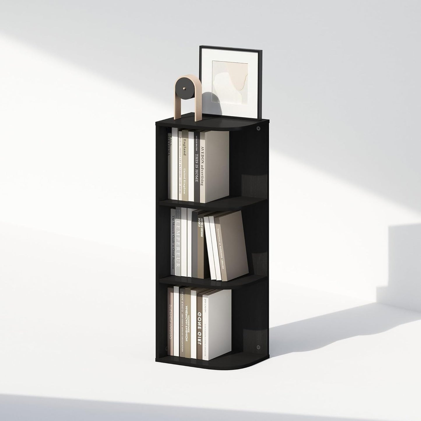 Furinno Reed Corner Shelf, 3-Tier Corner Bookshelf, Book Shelf, Corner Shelves, Storage Rack, for Organization and Storage, Home Office, Living Room, Blackwood