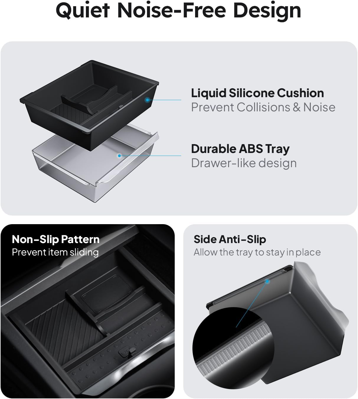 Wigoo Center Console Organizer for Tesla Model Y Juniper (Only Premium & Performance 2025 2026) and All Model 3 Highland Accessories [Double-Layer Storage, Smooth Sliding] 4PCS Black