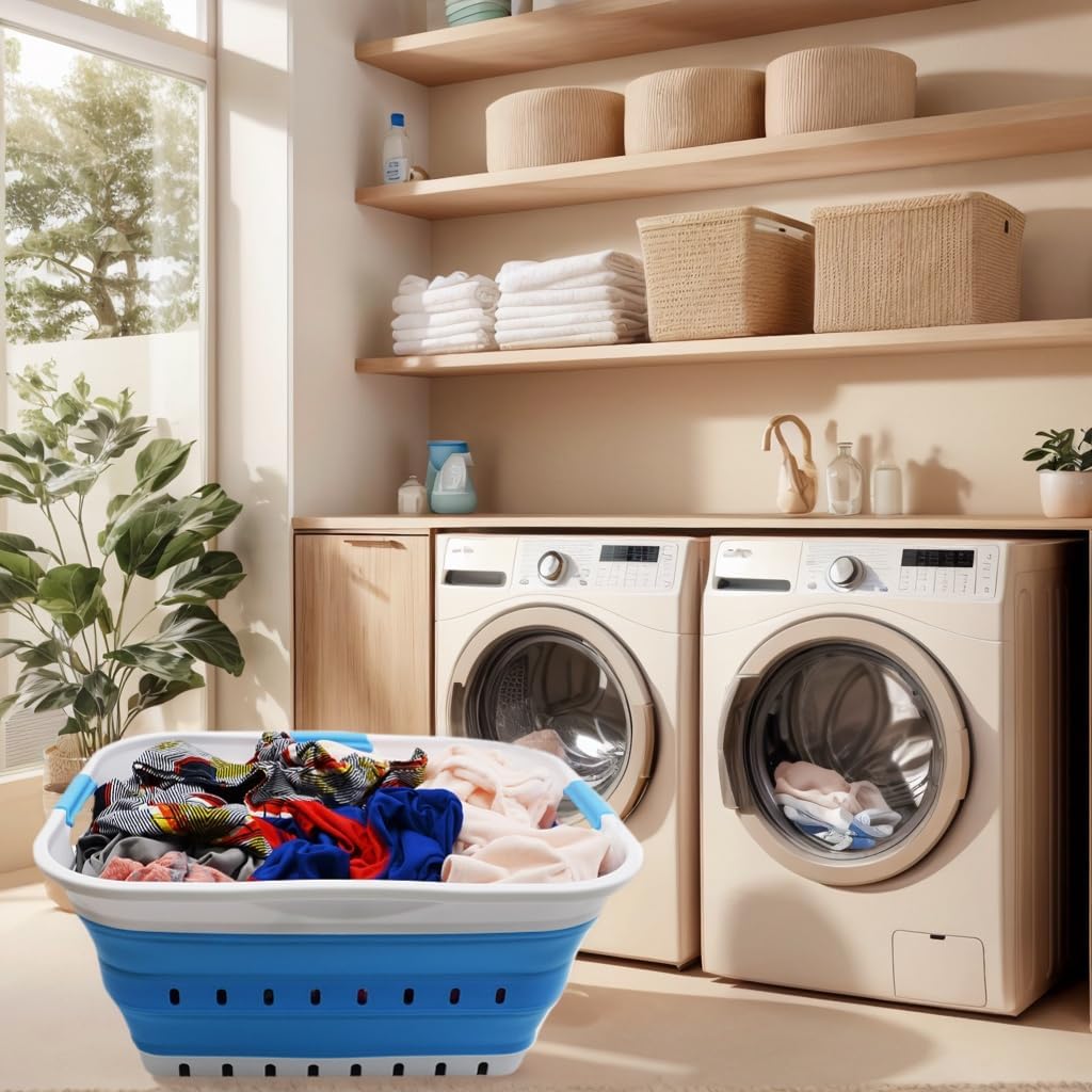 SAMMART 42L (11 gallon) Collapsible Plastic Laundry Basket - Foldable Pop Up Storage Container/Organizer - Portable Basket - Space Saving Hamper/Basket (2, White/Marine Blue)