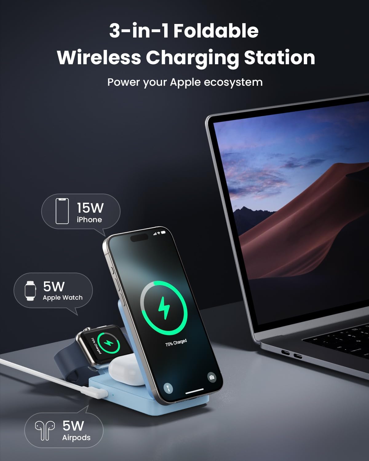 3 in 1 Wireless Charger Charging Station for iPhone,Travel Foldable Magnetic 15W Fast Wireless Charger Stand for Mag-Safe with 30W USB C Adapter for iPhone 17/16/15/14/13/12,Apple Watch,AirPods