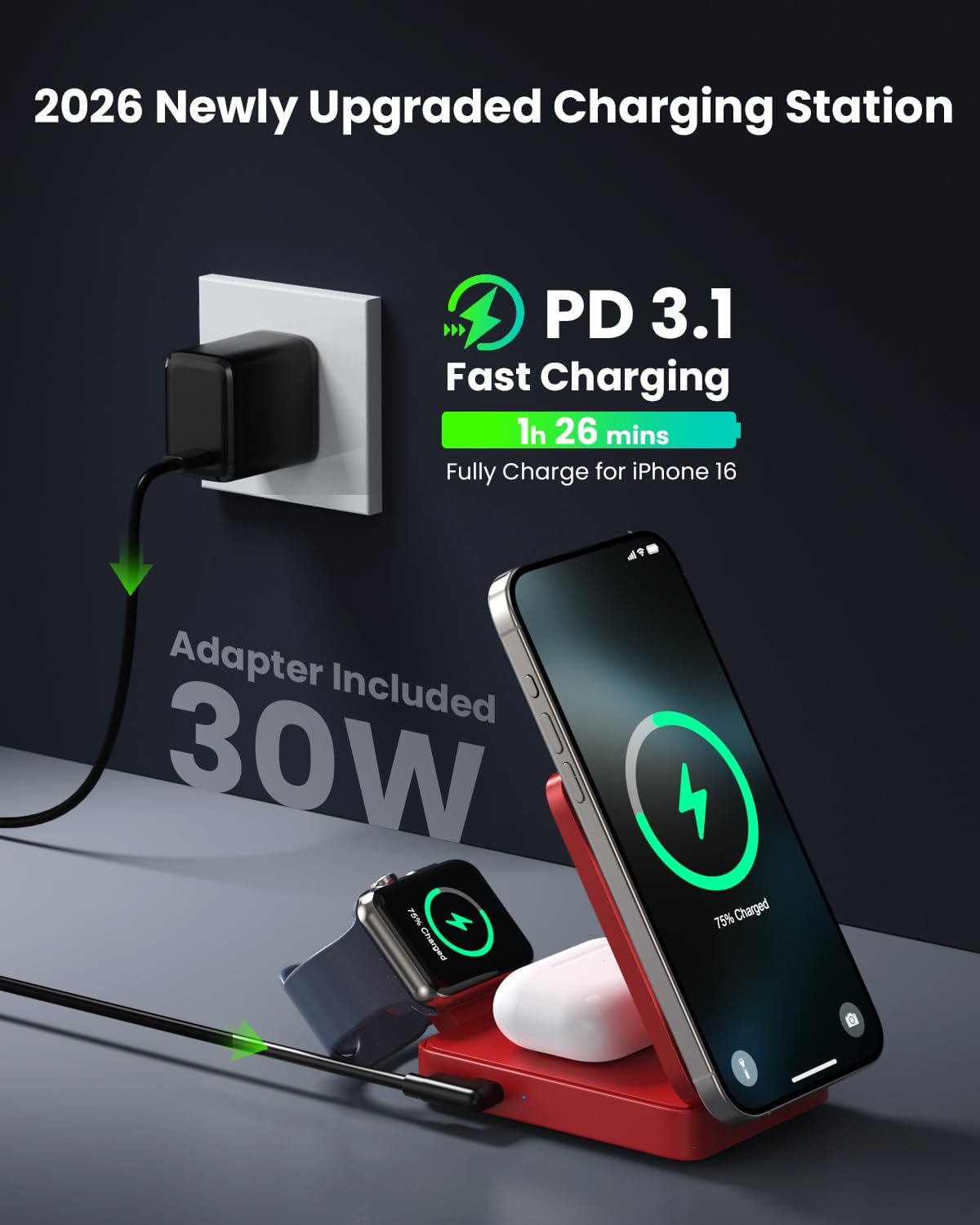 3 in 1 Wireless Charger Charging Station for iPhone,Travel Foldable Magnetic 15W Fast Wireless Charger Stand for Mag-Safe with 30W USB C Adapter for iPhone 17/16/15/14/13/12,Apple Watch,AirPods