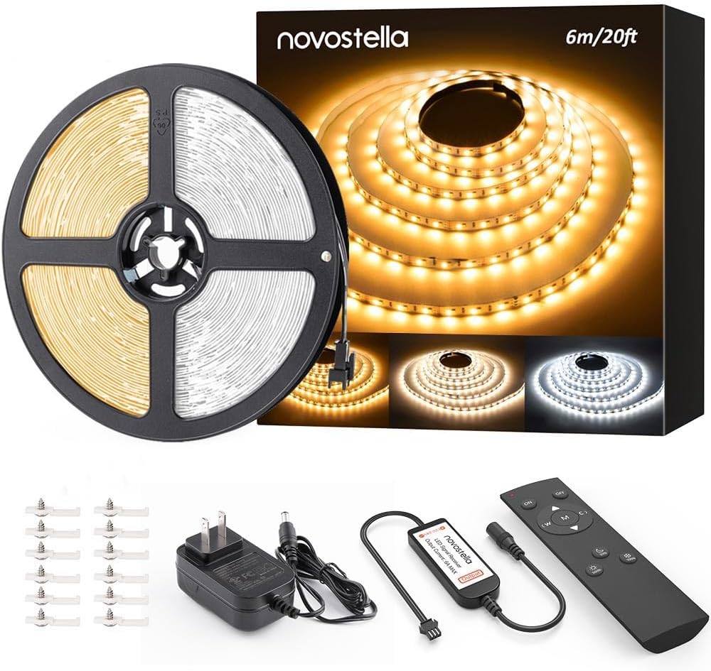 NOVOSTELLA 20ft Tunable White LED Strip Light kit Dimmable 3000K-6500K 24V LED Tape Light with Remote Flexible Rope LED Ribbon for Bedroom Home Lighting Mirror Kitchen Bar Cabinet Daylight Warm White