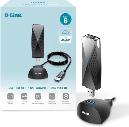 D-Link USB WiFi 6 Adapter AX1800 USB 3.0 Dual Band Long Range MU-MIMO Wireless Internet Network for Desktop PC Laptop Windows (DWA-X1850-B1) Black