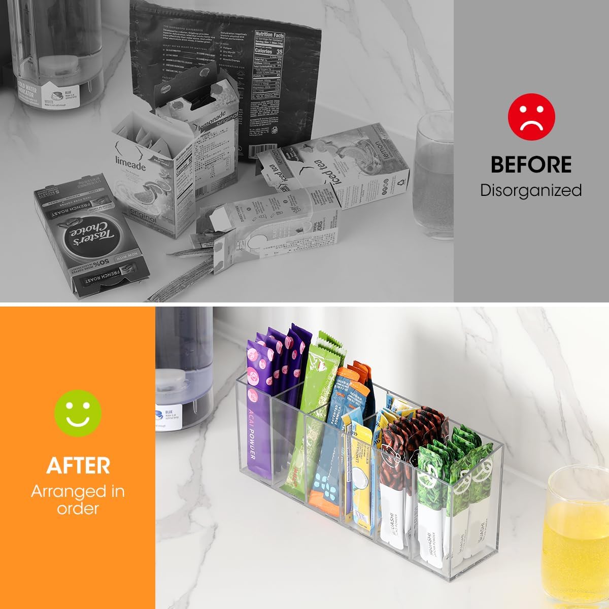 AIEVE Drink Packet Organizer, Water Drink Packet Holder with Removable Divider, Water Flavor Packet Organization Container for Kitchen Organizers and Storage (6 Compartments)