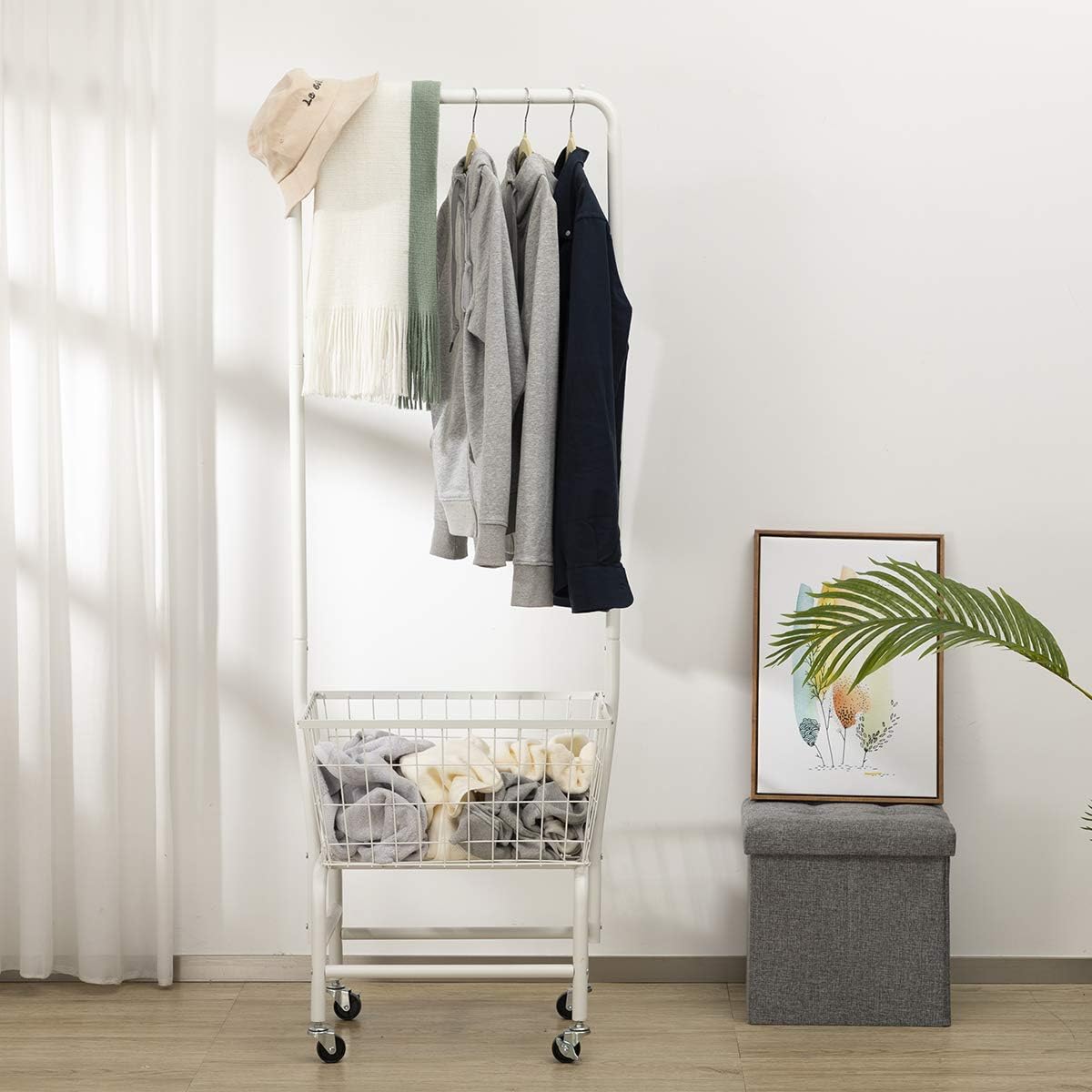 ALIMORDEN Laundry Cart with Clothes Rack, Rolling Laundry Butler with Wire Storage Rack，White