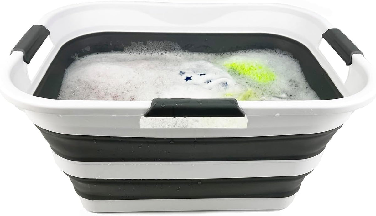 SAMMART 30L (8 gallons) Collapsible Plastic Laundry Washing Tub/Basket - Portable Laundry Hamper/Storage Container Foldable Laundry Basket - Space Saving (White/Steel Grey (Set of 2))