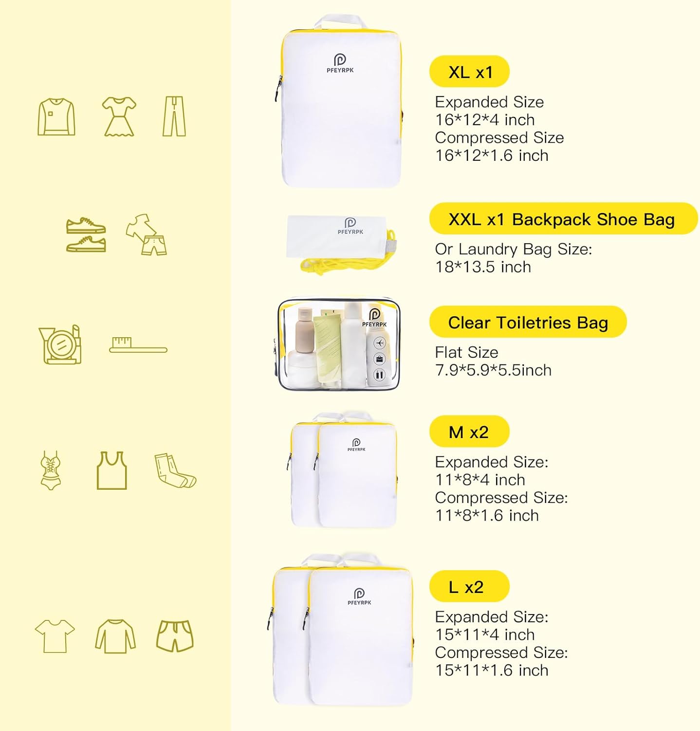 PFEYRPK Lightweight Compression Packing Cubes for Suitcases, Compressible Expandable Travel Packing Organizer with Clear Toiletries and Backpack Bag, Travel Essentials for Carry on Luggage 7 Set