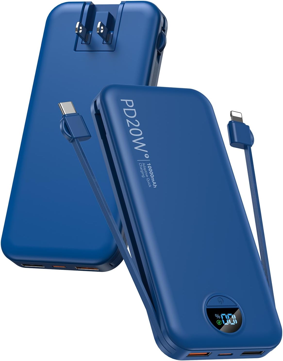 citicr Portable Charger Power Bank, 10000mAh PD20W USB C Fast Charging with Built-in Cables & Wall Plug, 5-in-1 External Battery Pack with LED Display, Perfect Backup for iPhone, iPad, Samsung Navy