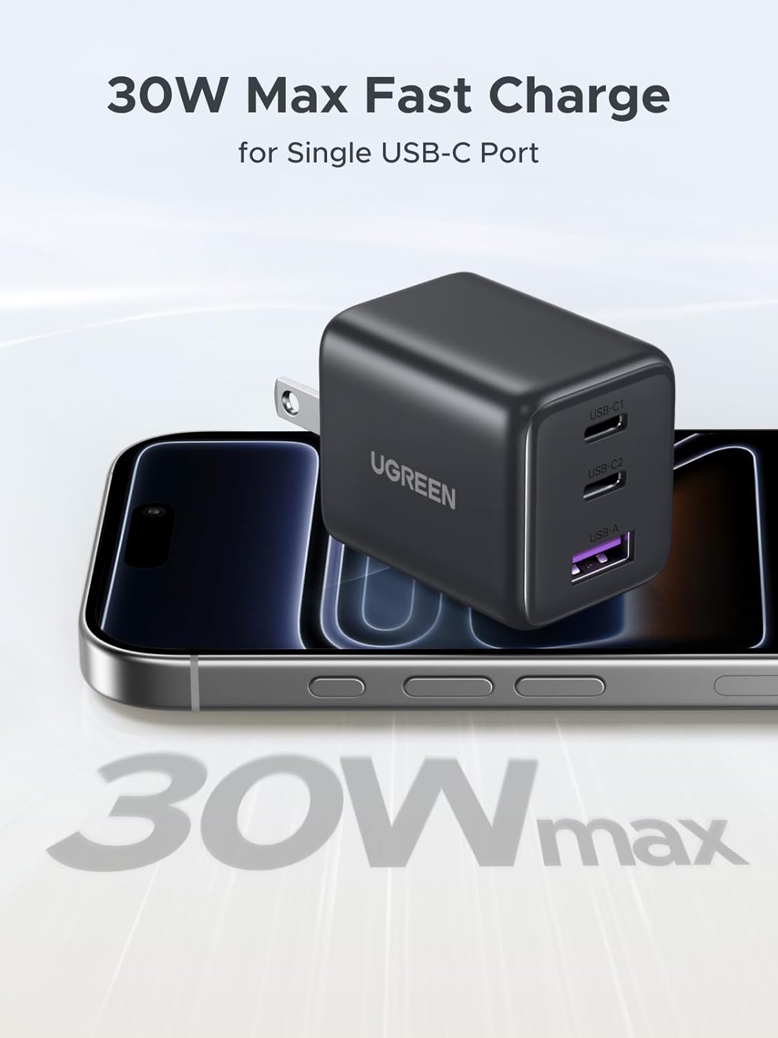 UGREEN 3-Port 30W USB C Charger, GaN II Compact iPhone Charger Fast Charging, Type C Power Adapter for iPhone 17/16/15 Series, Galaxy S26/S25/24, iPad, MacBook Neo/Air, Matt Black