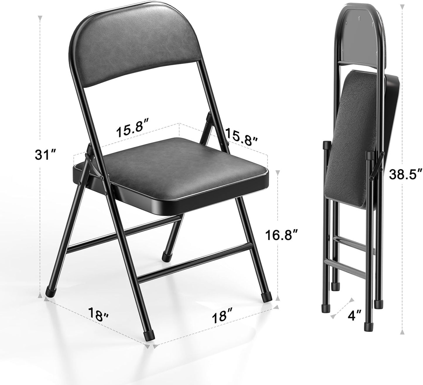 Nazhura 4 Pack Folding Chairs with Padded Vinyl Cushion Chairs with Comfortable Cushion and Durable Steel Frame for Home and Office, for Indoor and Outdoor Events (Black, Vinyl)