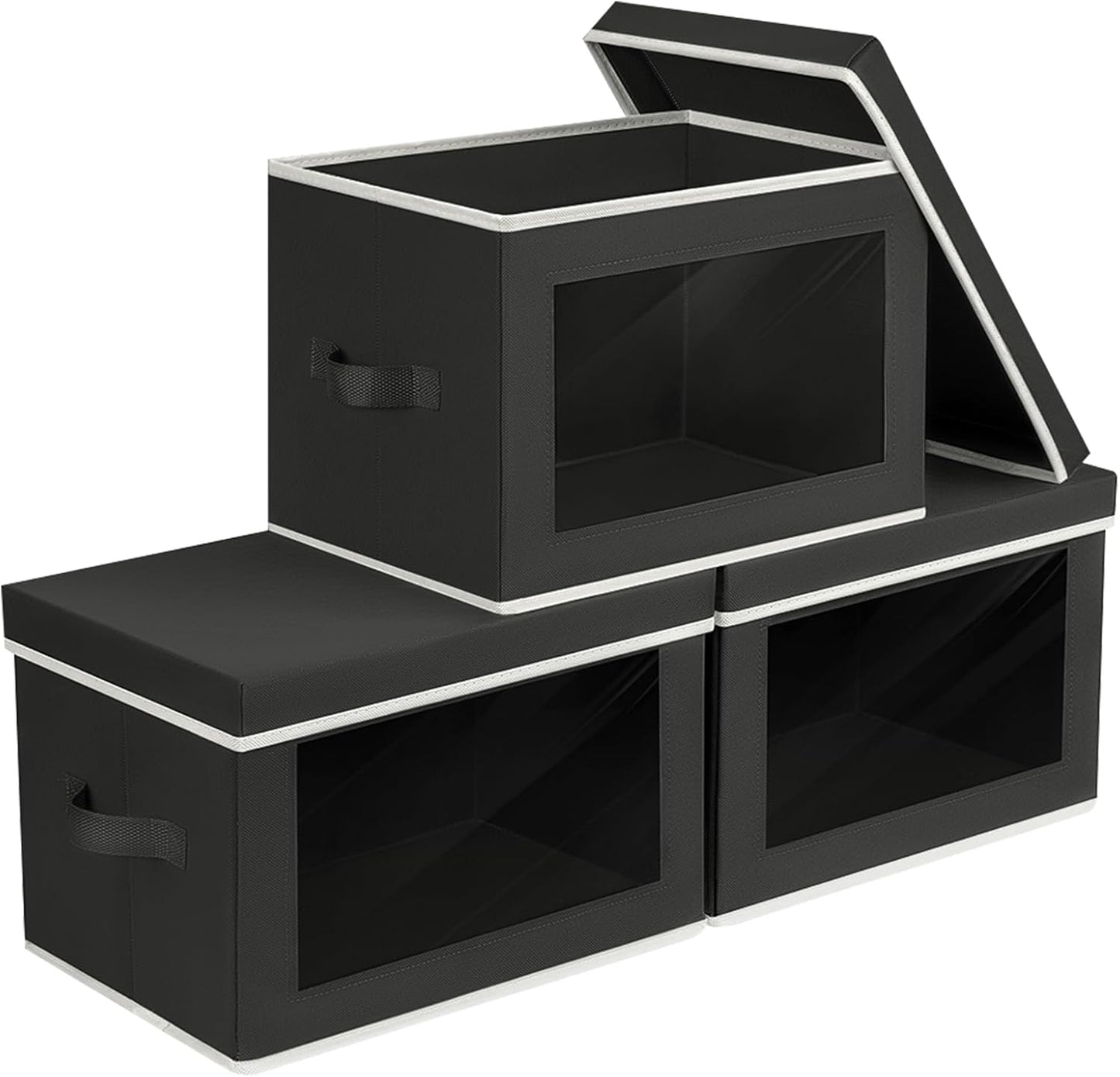 Homsorout Storage Boxes with Lids - 3 Pack Fabric Clear Window Storage Bins, Collapsible Storage Bins with Lids, Linen Closet Organizer for Clothes, Towel, Blanket, Black