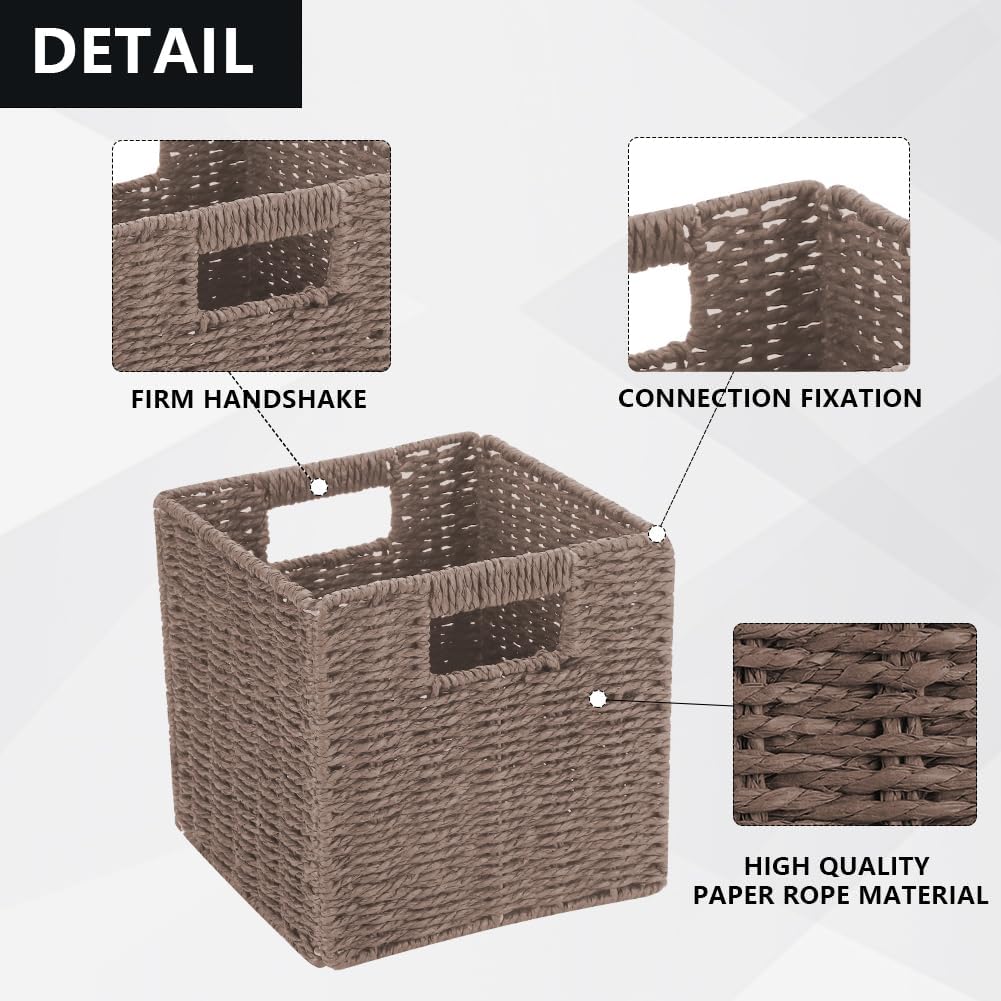 6 Pack 8.7 Inch Wicker Baskets | Hand Paper Rope, Storage Baskets,Foldable Cube Storage Bins Organizer Square Wicker Cubes for Shelves(Brown)