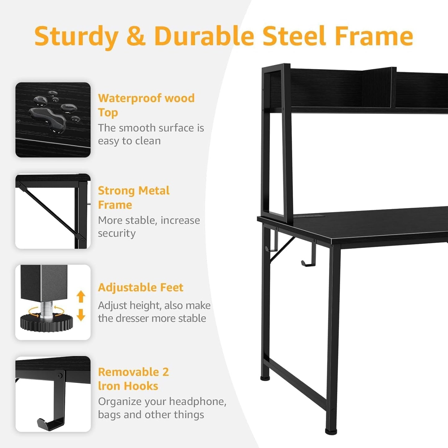 DLisiting Black Computer Desk with Hutch & Drawers - Office Desk with 3 Storage Drawers and Power Outlets, 47 Inch Modern Study Writing Desk for Bedroom Home Office