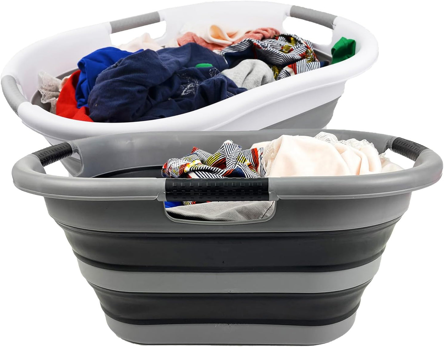 SAMMART 40L (10.5 Gallon) Collapsible Plastic Laundry Basket - Space Saving Storage Container/Organizer - Portable Washing Tub - Foldable Pop Up Hamper/Basket (2, Grey+ Black)