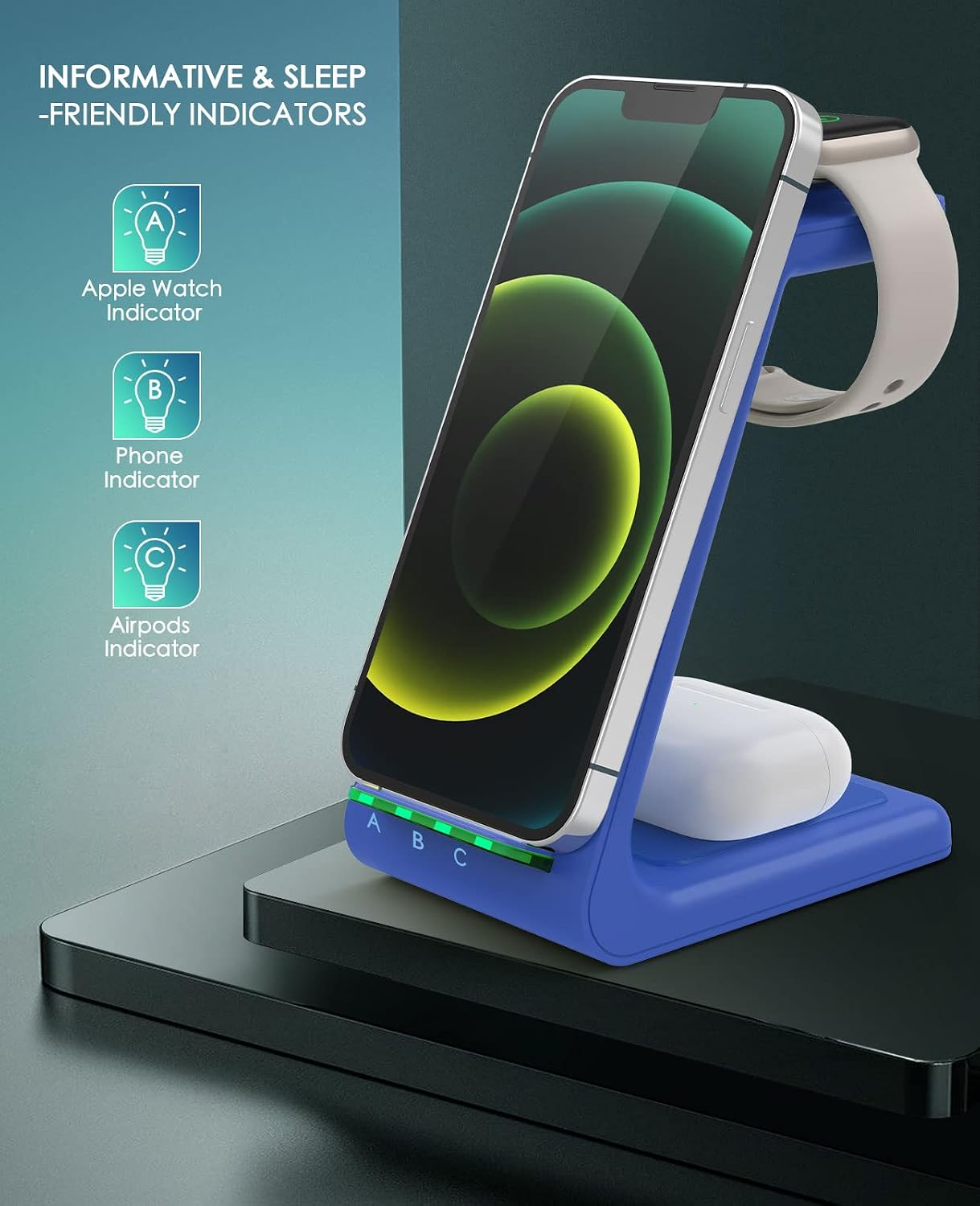 3 in 1 Wireless Charging Station, 2026 Upgraded Fast Desk Charger Station for iPhone 17 16 15 14 13 12 Pro Max Plus, Charger Stand for Apple Watch 10 9 8 7 6 5 4 3 2 SE, Airpods 4 3 2 Pro(Blue)