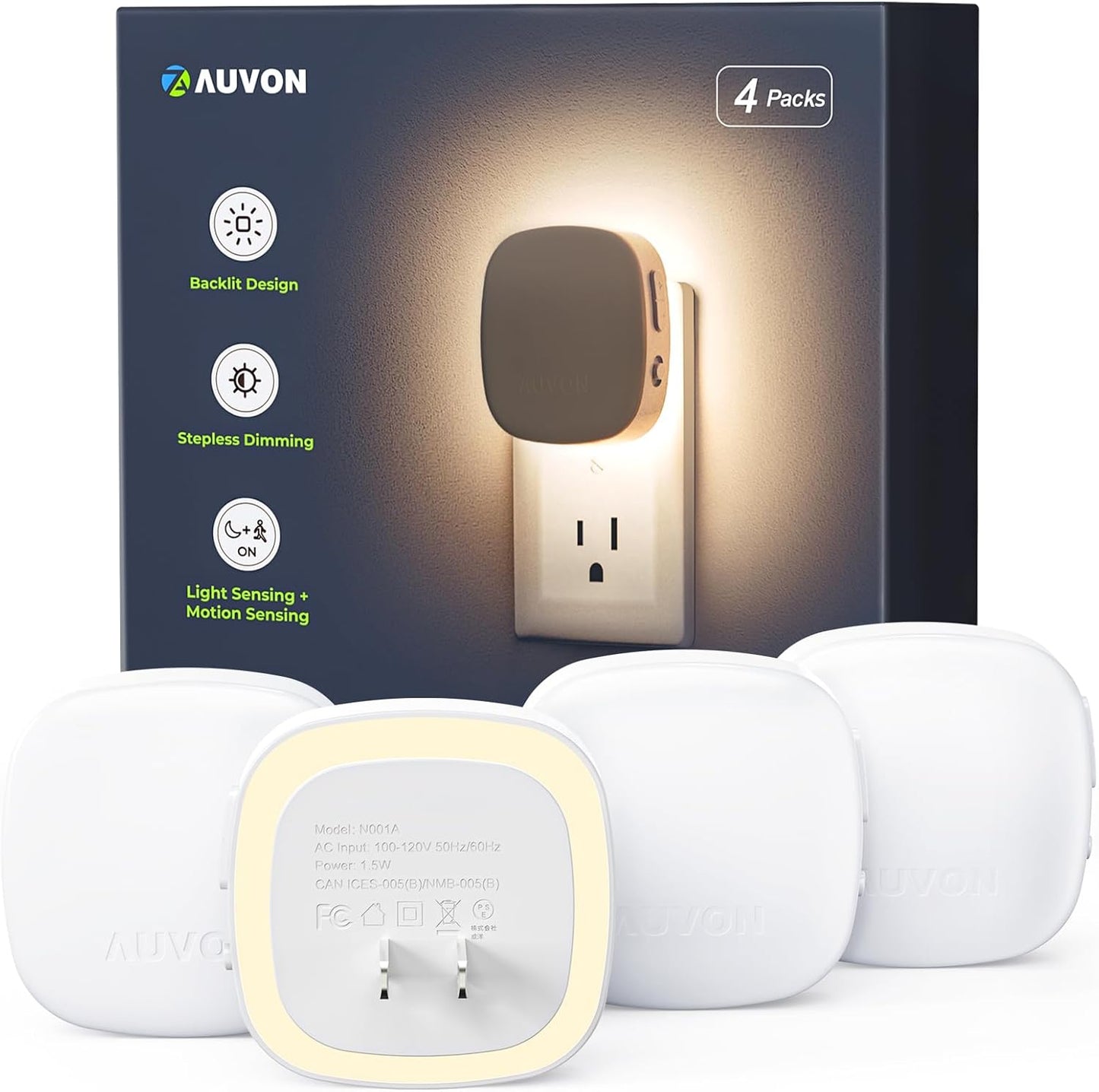 AUVON Plug-in LED Backlit Night Light with Motion Sensor & Dusk to Dawn Sensor, 2200K Soft Warm White Nightlight with 1-50lm Dimmable Brightness for Adults & Kids' Bedroom, Bathroom, Hallway (4 Packs)