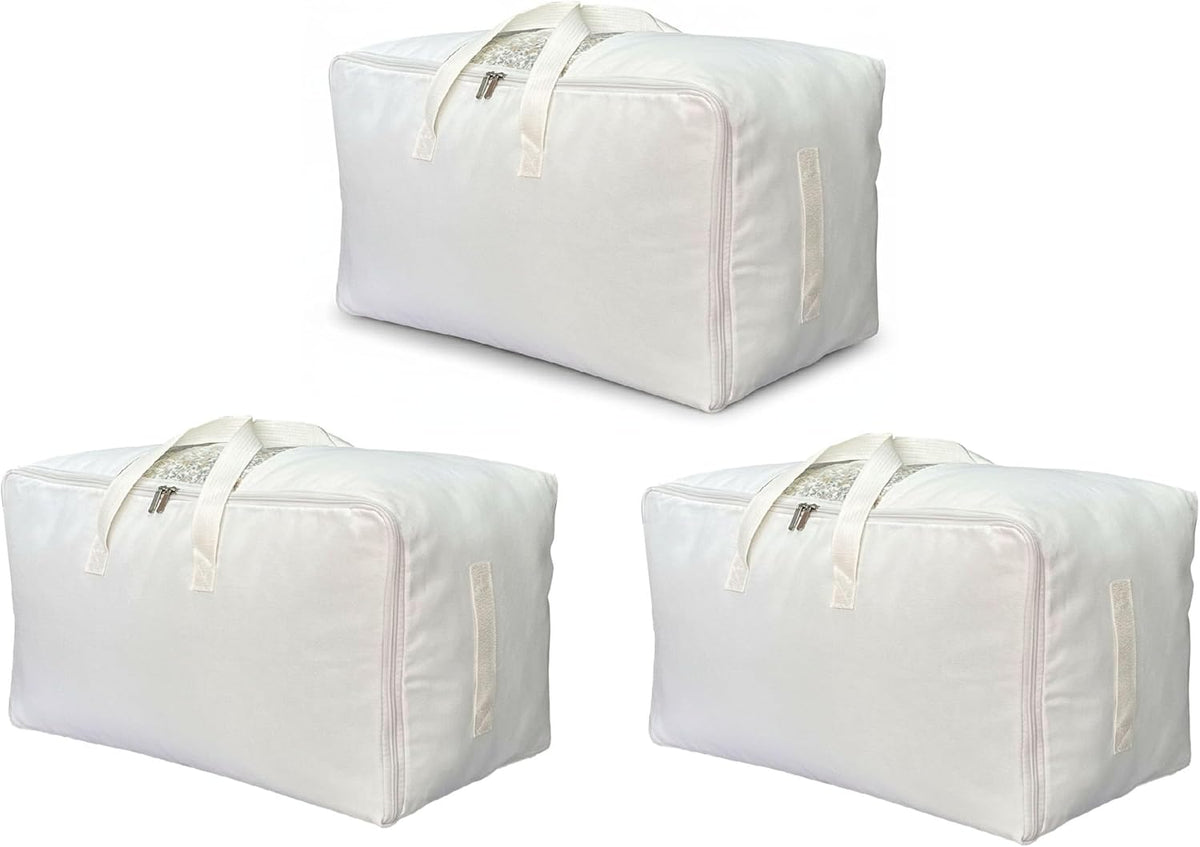 DoYiKe Soft Large Canvas Comforter Storage Bags with Four Carrying Handles and Clear Window, Closet Organizer for Clothing, Blankets Sheets Pillows and Bedding, 80L, 4 Pack, White