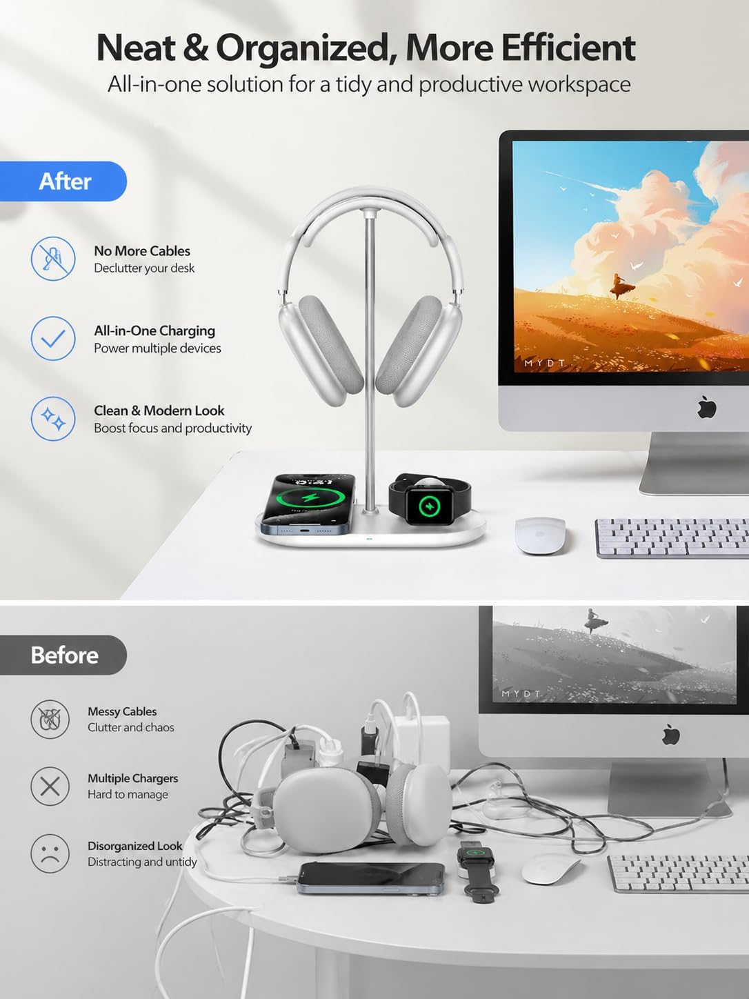 4 in 1 Headphone Stand, Airpod Max Charger Stand with 15W Wireless Charger