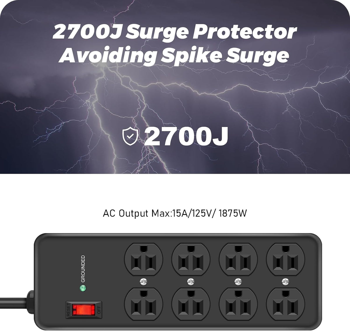 HEZI 15Amp Heavy Duty Surge Protector with 8 Outlets,14 AWG 6FT Extension
