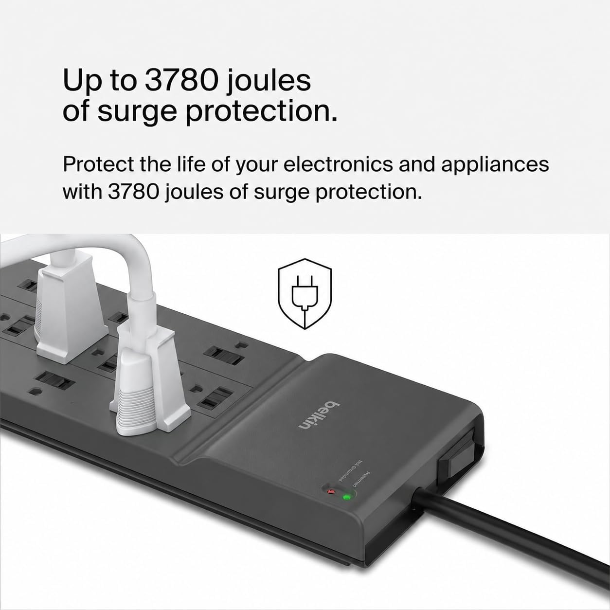 Belkin 12-Outlet Surge Protector Power Strip w/ 12 AC Outlets & 8ft Flat Plug, UL-Listed Heavy-Duty Extension Cord for Home, Office, Travel, Computer, Laptop, Charger - 3,780 Joules of Protection