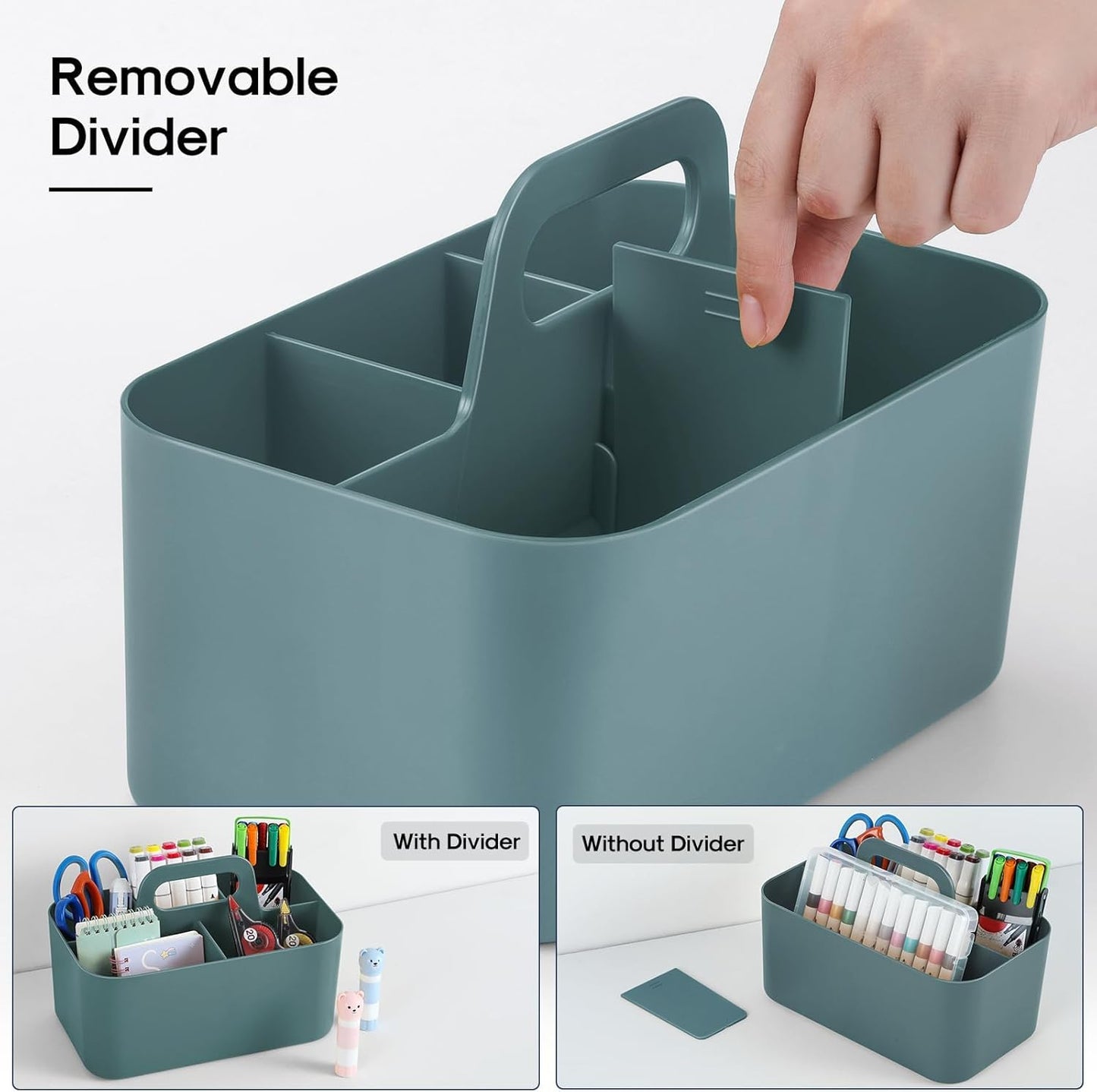 Multiuse Caddy Organizer with Handle, Portable Divided Plastic Tote Bin - Art Craft, Stationary Pen Marker Crayons, Makeup Hair Supplies Storage - Bathroom, Classroom, Dorm, Office, Desk Holder - Cyan