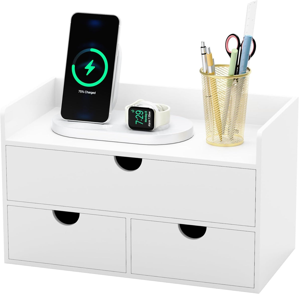 Bamboo Desk Organizer with Drawers Desktop Storage Drawers for Bills Office Supplies Kitchen Utensils Organizing Tool for Home Classroom Organization No Assembly (White)