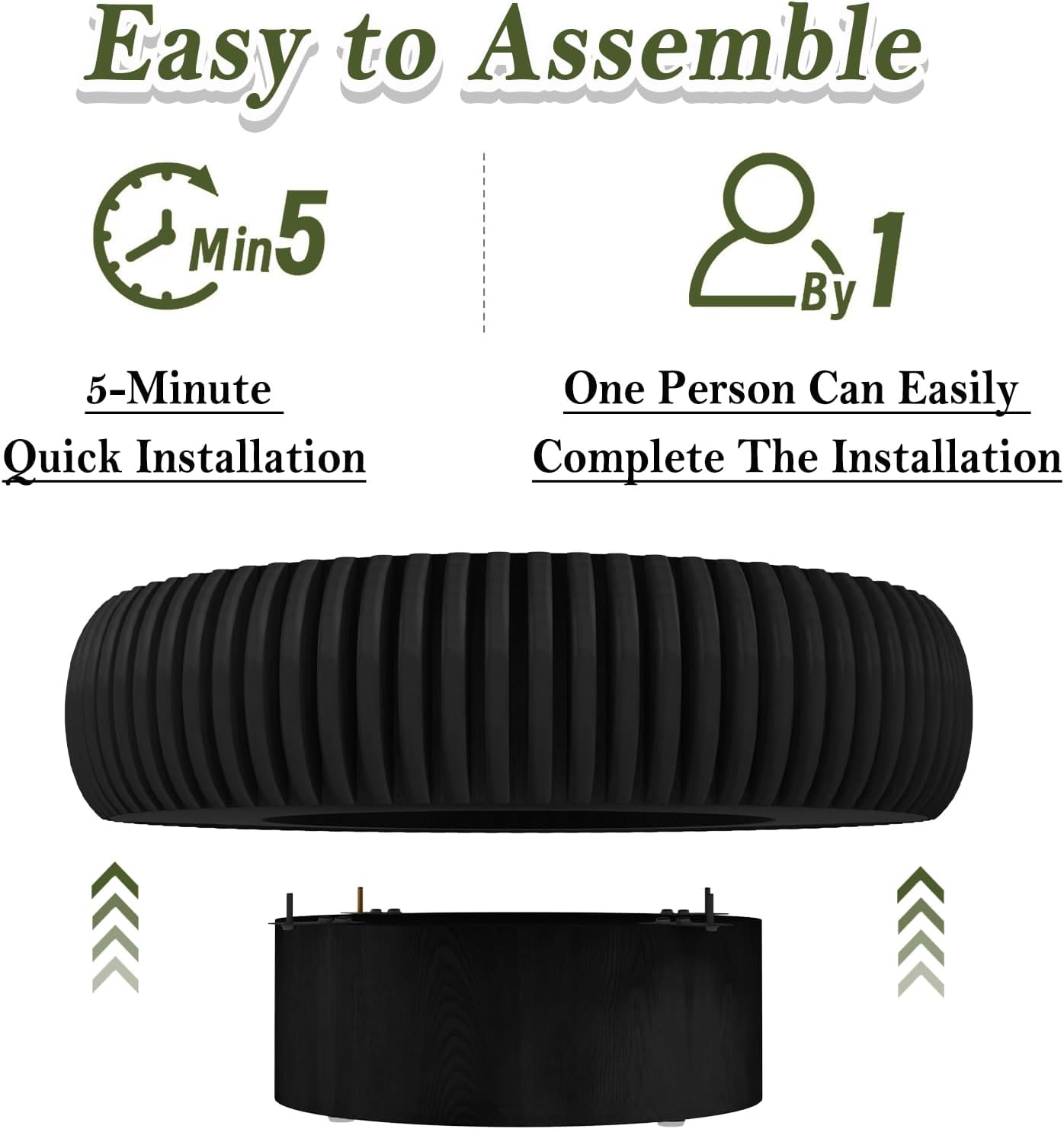 31" Black Round Drum Wood Fluted Coffee Table (E, 1PC) | For Living Room, Wooden Grooves, Circle Pedestal Center Table, Farmhouse Modern Style, For Small Spaces, Easy Assembly