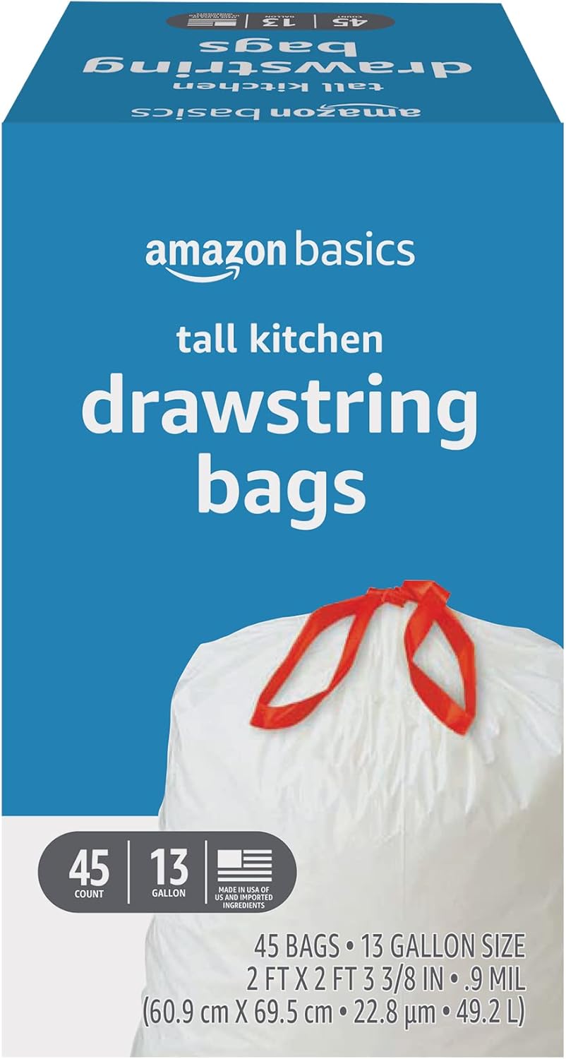 Amazon Basics Tall Kitchen Drawstring Trash Bags, Sturdy and Tear Resistant, 13 Gallon, Unscented, 120 Count