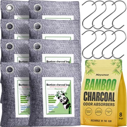 Activated Charcoal Odor Absorber for Strong Odor, Basement, Cars, Closets, Shoes, Smoke. 8 Pack Bamboo Charcoal Air Purifying Bags Deodorizer Odor Eliminator for Home