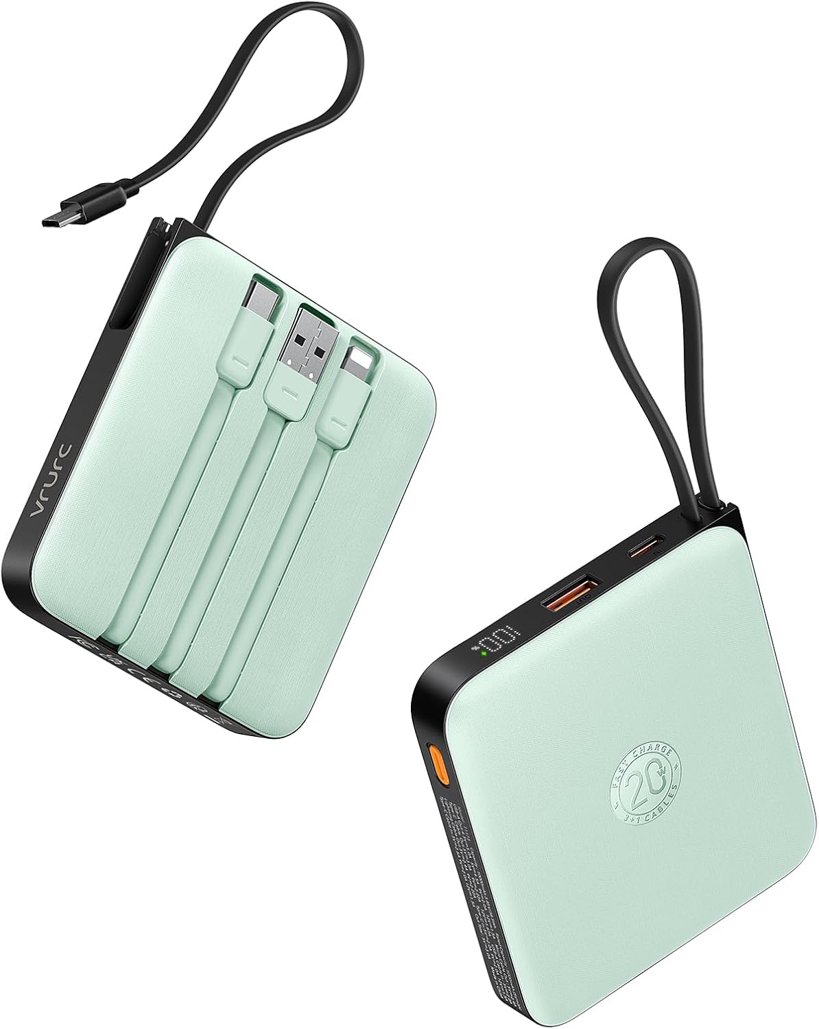 VRURC Portable Charger with Built-in Cable, 10000mAh 22.5W Fast Charging USB C Battery Pack, Cell Phone Power Bank for iPhone 17 16 15 Series Android Tablet (Green)