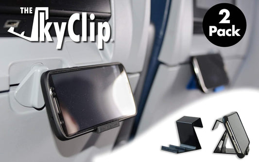 The SkyClip Airplane Cell Phone Back of Seat Inflight Tray Table Clip and Sturdy Phone Stand, Compatible with iPhone, Android, Tablets, and Readers, Travel Must Have (Black 2 Pack)