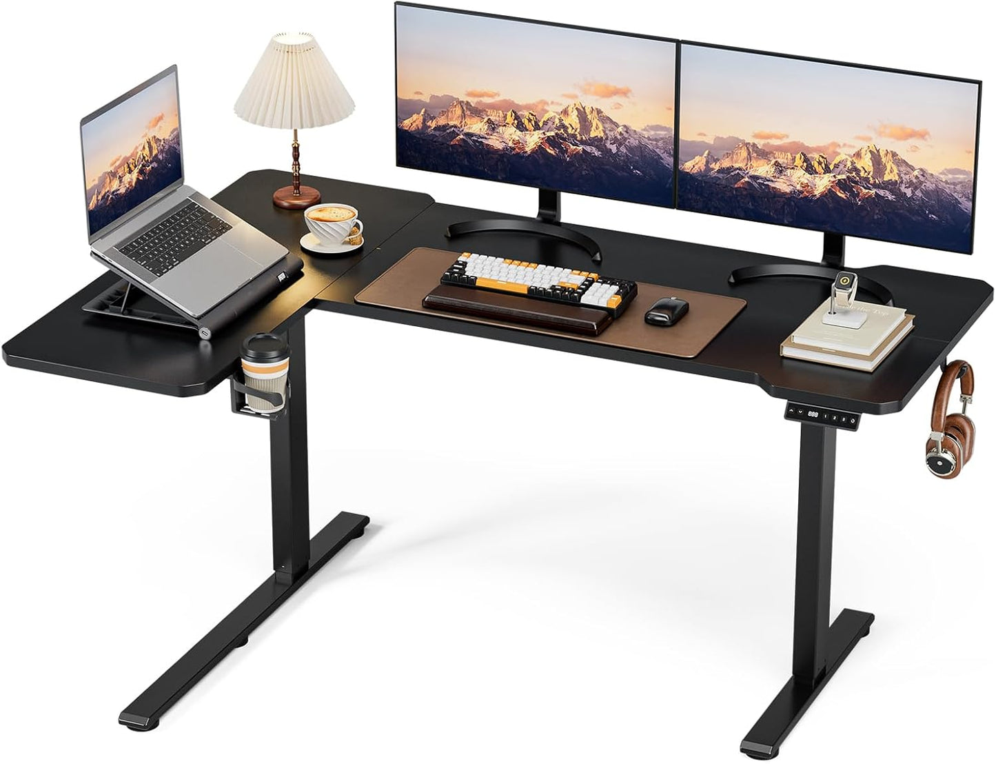 Acrolix L Shaped Electric Standing Desk - 59x40 Inch Reversible Corner Sit Stand Desk with Hook&Cup Holder,Electric Height Adjustable Table,for Home Office Gaming Computer Desk, Black