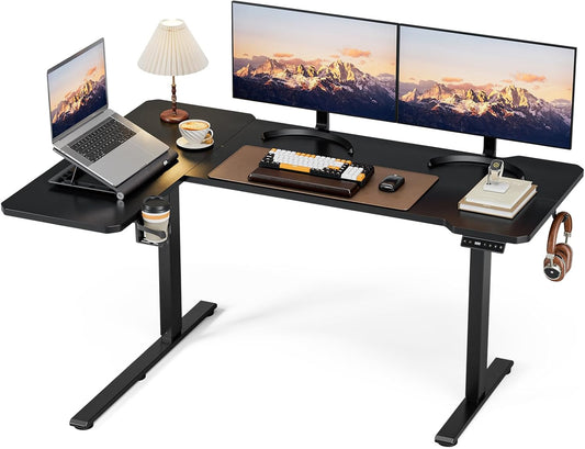 Acrolix L Shaped Electric Standing Desk - 59x40 Inch Reversible Corner Sit Stand Desk with Hook&Cup Holder,Electric Height Adjustable Table,for Home Office Gaming Computer Desk, Black