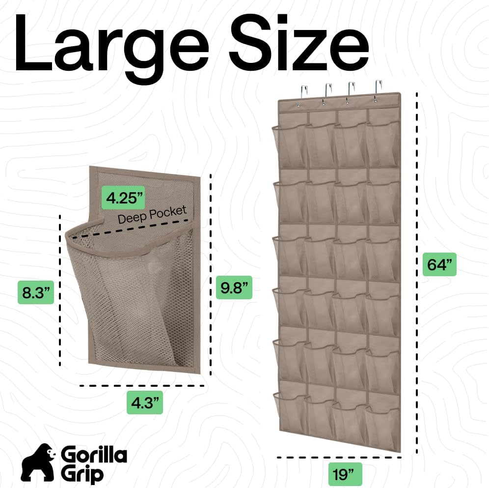 GORILLA GRIP Over the Door Shoe Organizer, 24 Large Breathable Mesh Pockets, Space Saving Hanging Storage Holder, Closet Rack Hanger Holds Up to 40 lbs, Hangs on Closets for Shoes, Accessories, Beige