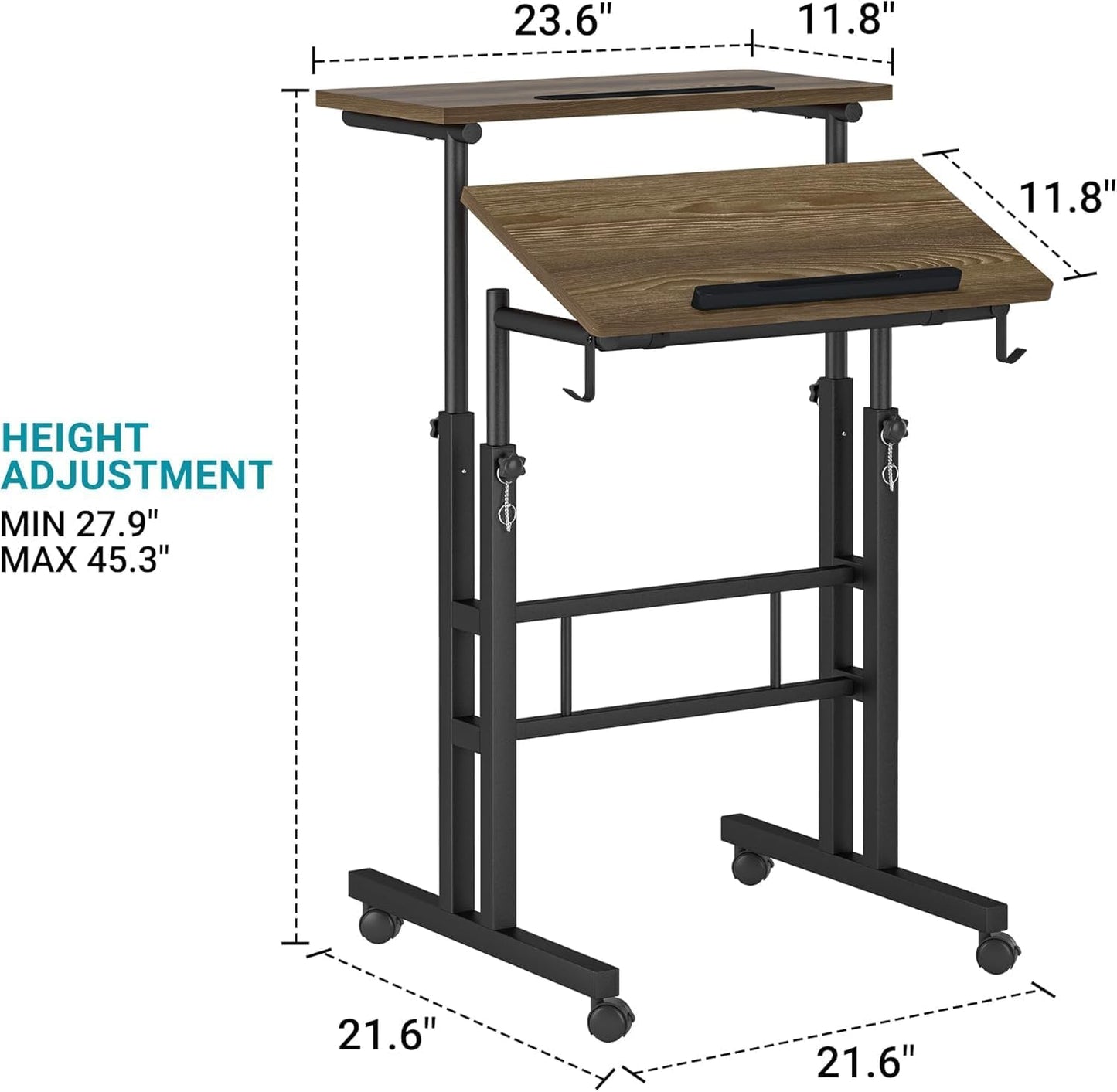 Klvied Stand Up Desk on Wheels, Portable Computer Desk for Home Office,Rolling Desk for Laptop with Removable Cup Holder, Adjustable Laptop Cart for Standing or Sitting,Raffia