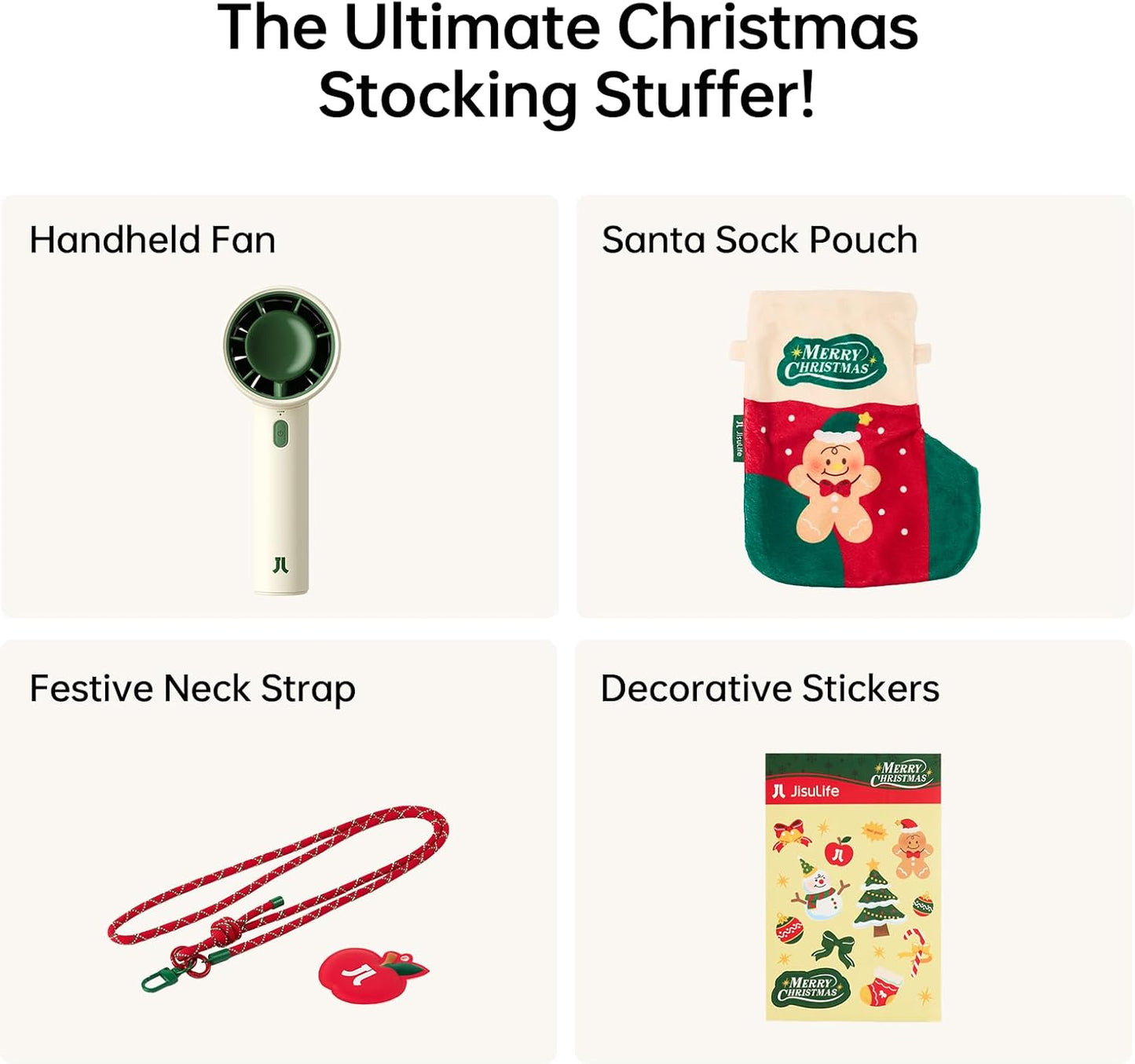 JISULIFE Handheld Turbo Fan, 4000mAh Rechargeable Portable Fan with Neck Strap, Stickers, Christmas Stockings, Ideal for Travel, Camping. Gifts for Women, Men, Kids (Beige)