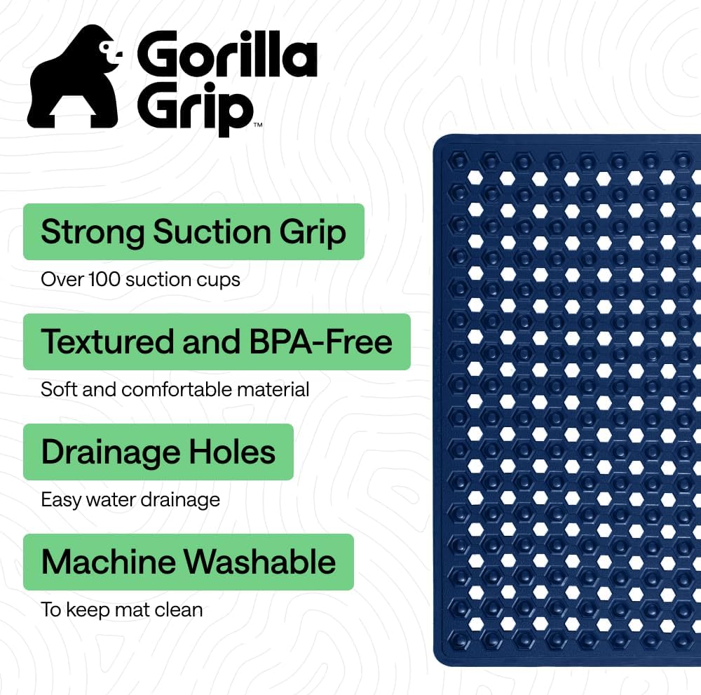 GORILLA GRIP Patented Square Shower Stall Mat, Small Bathtub Floor Mats for Stand Up Showers, Suction Cups and Drainage Holes, Machine Wash, Soft on Feet, Bathroom Accessories 21x21 Inch, Navy Blue